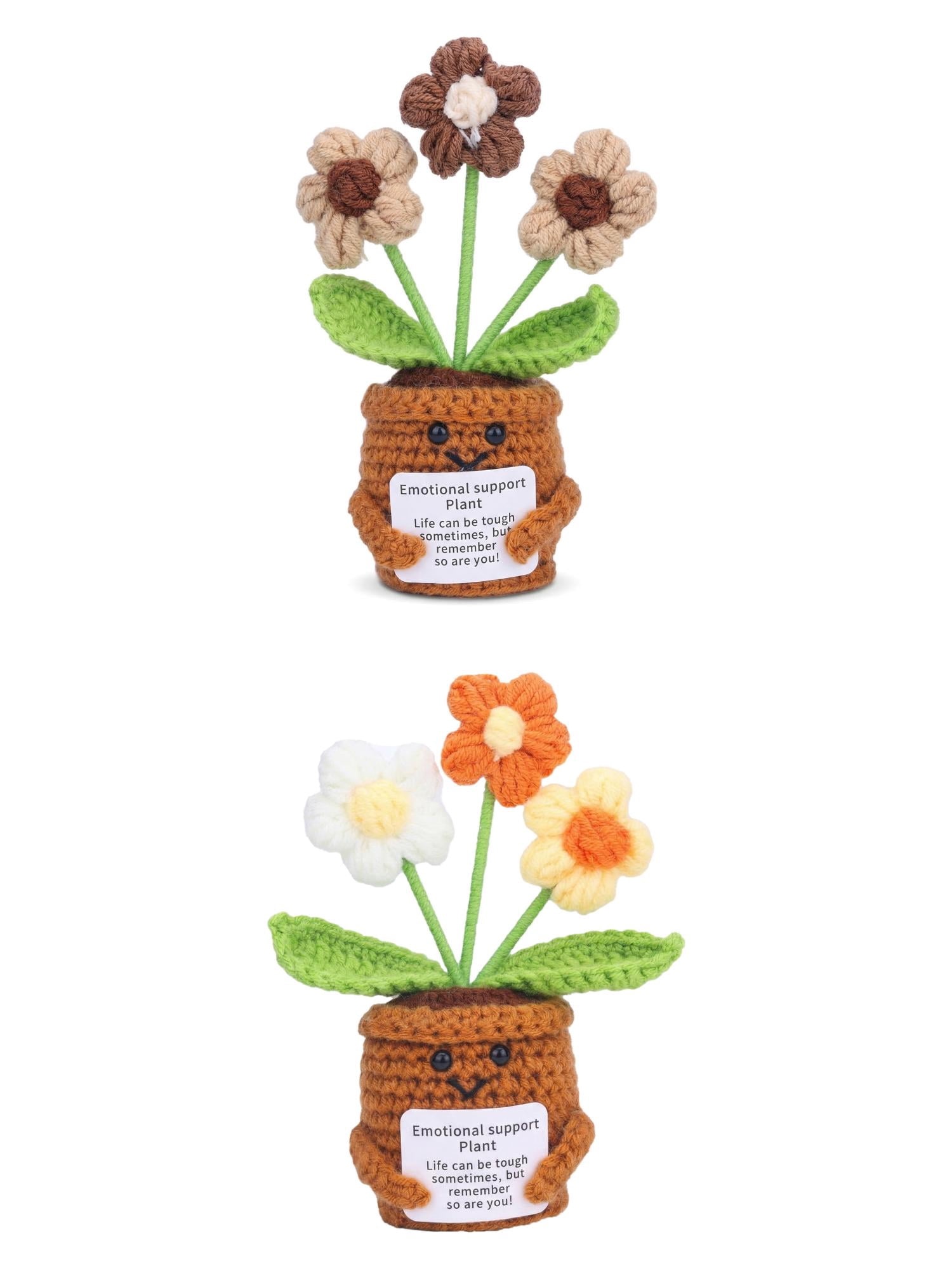 Unique Bargains 2Pcs Handmade Crochet Potted Knitted Plant Yellow Brown Flowers 4.3in