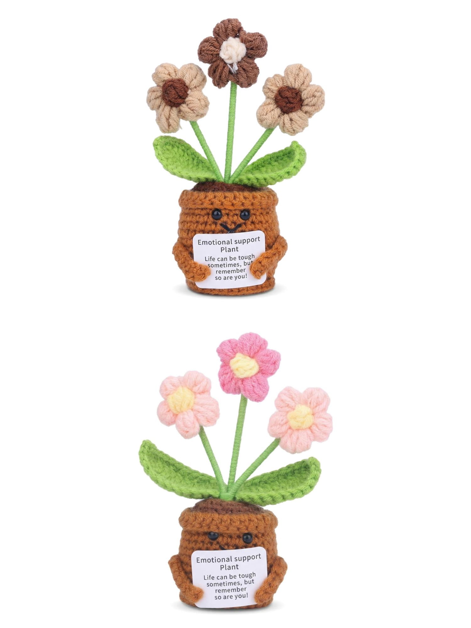 Unique Bargains 2Pcs Handmade Crochet Potted Knitted Plant Yellow Brown Pink 4.3in