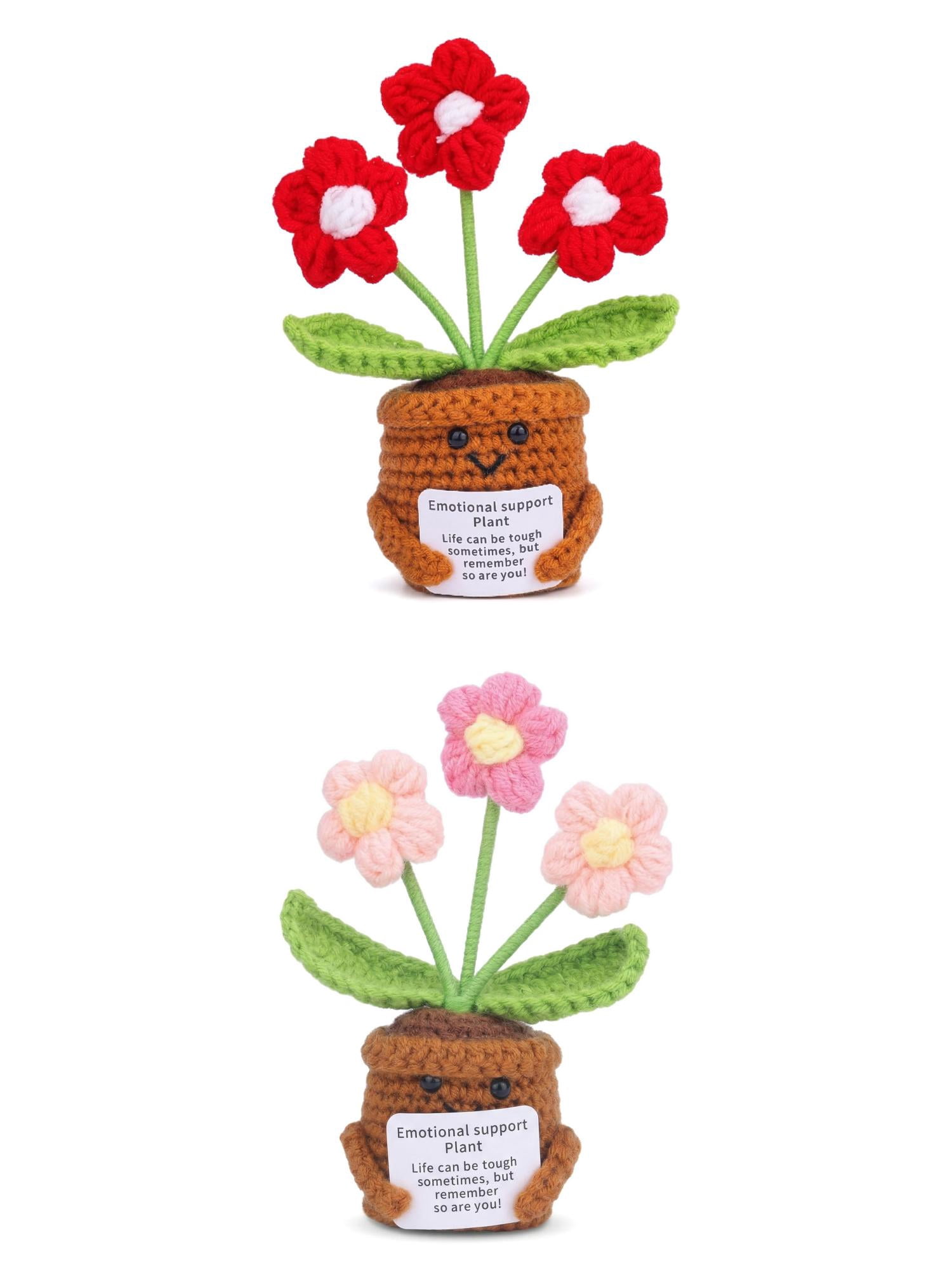 Unique Bargains 2Pcs Handmade Crochet Potted Knitted Plant Yellow Pink Red 4.3in