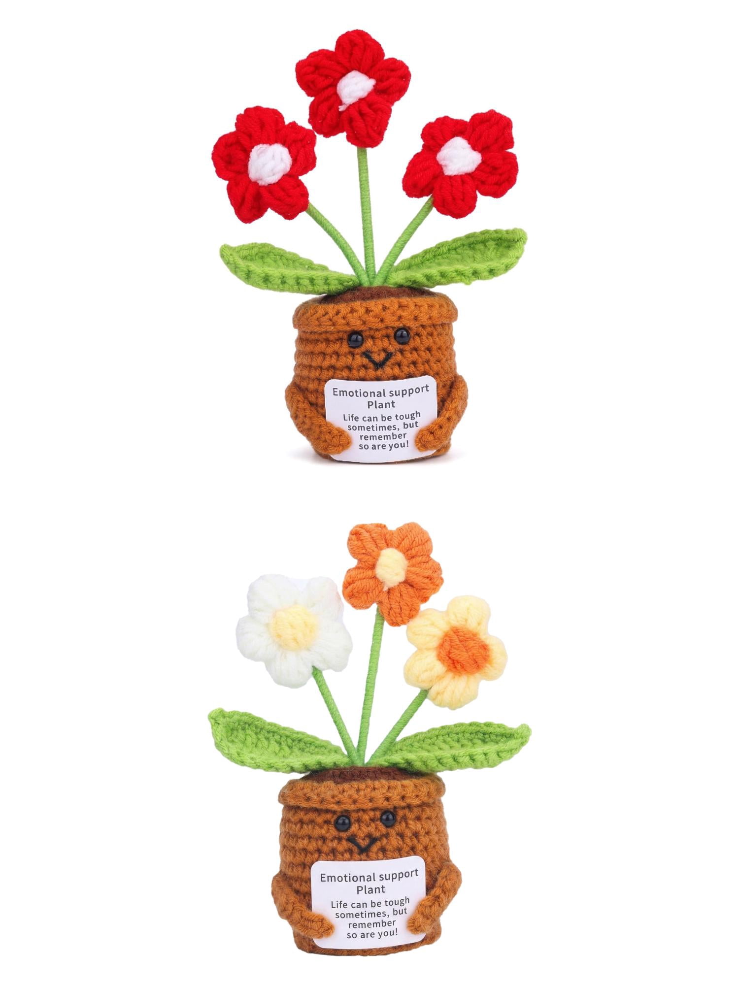 Unique Bargains 2Pcs Handmade Crochet Potted Knitted Plant Yellow Red 4.3in