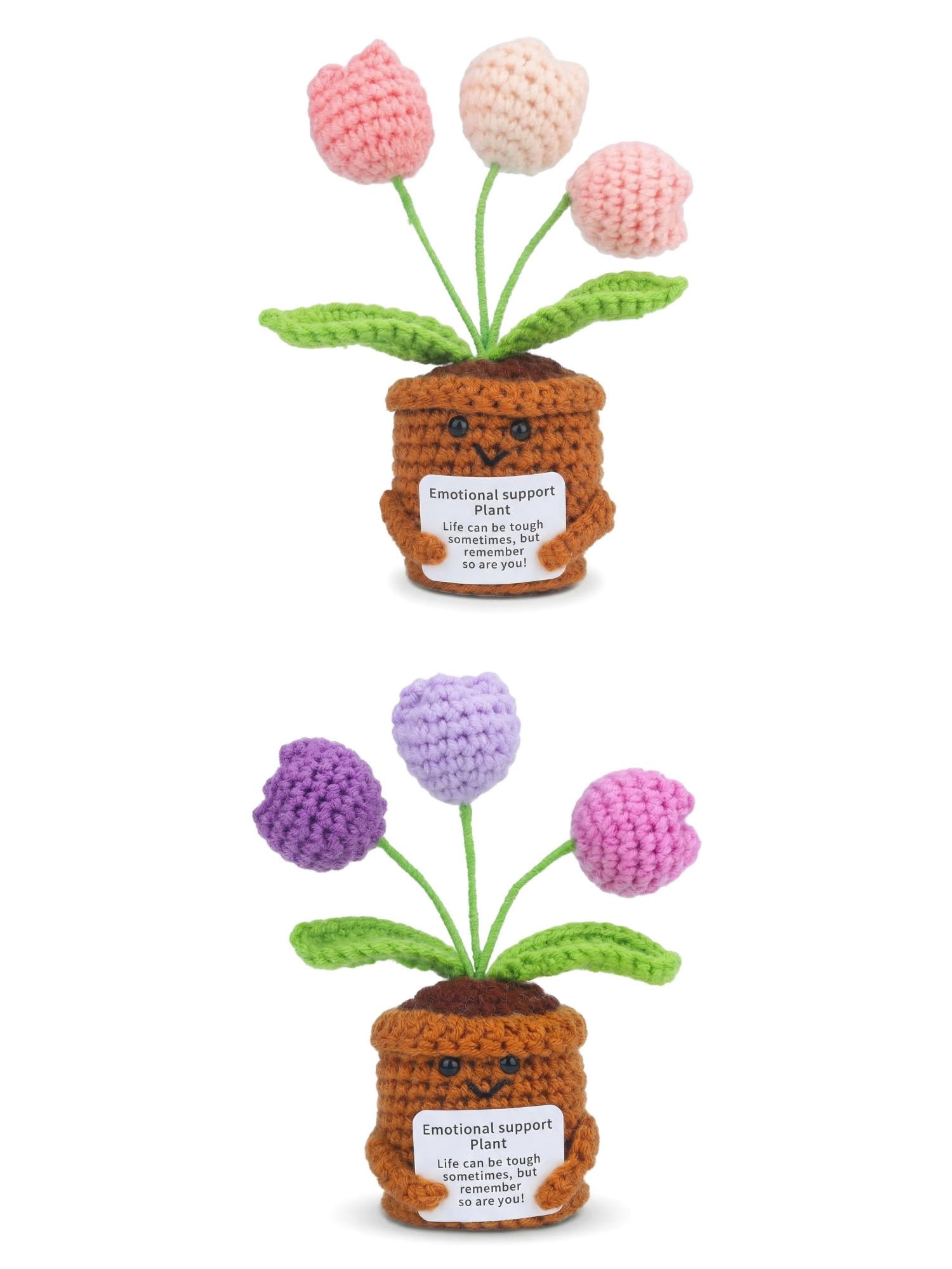 Unique Bargains 2Pcs Handmade Crochet Puffy Tulip Knitted Potted Plant Pink Purple 4.3in