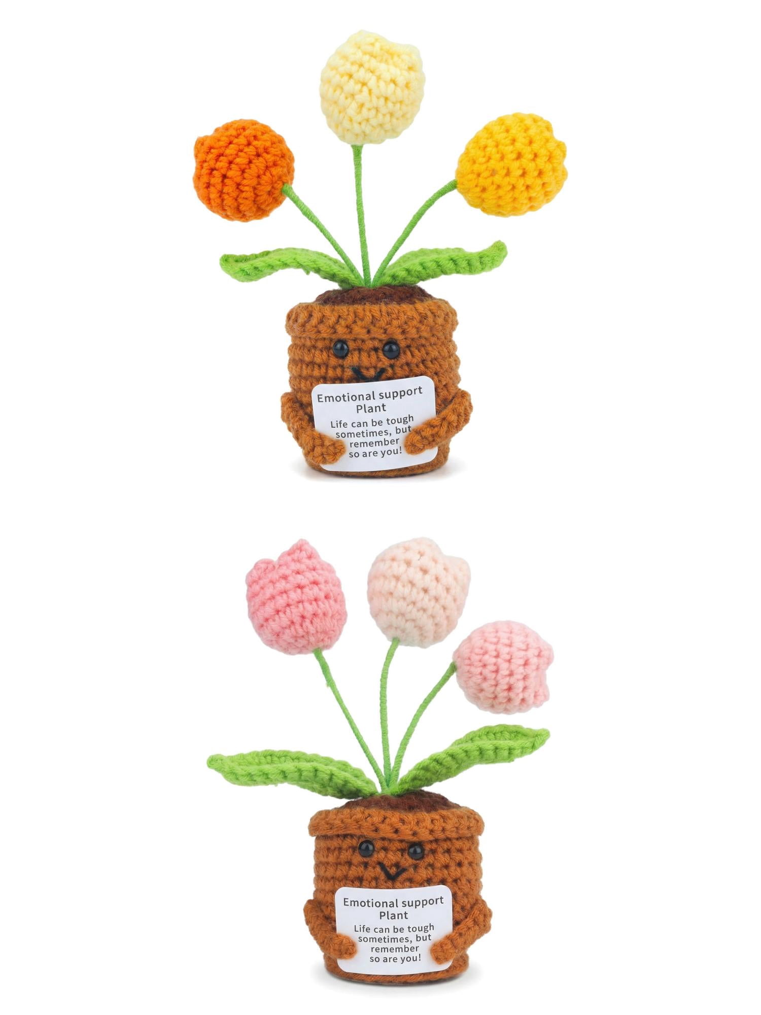 Unique Bargains 2Pcs Handmade Crochet Puffy Tulip Knitted Potted Plant Pink Yellow 4.3in