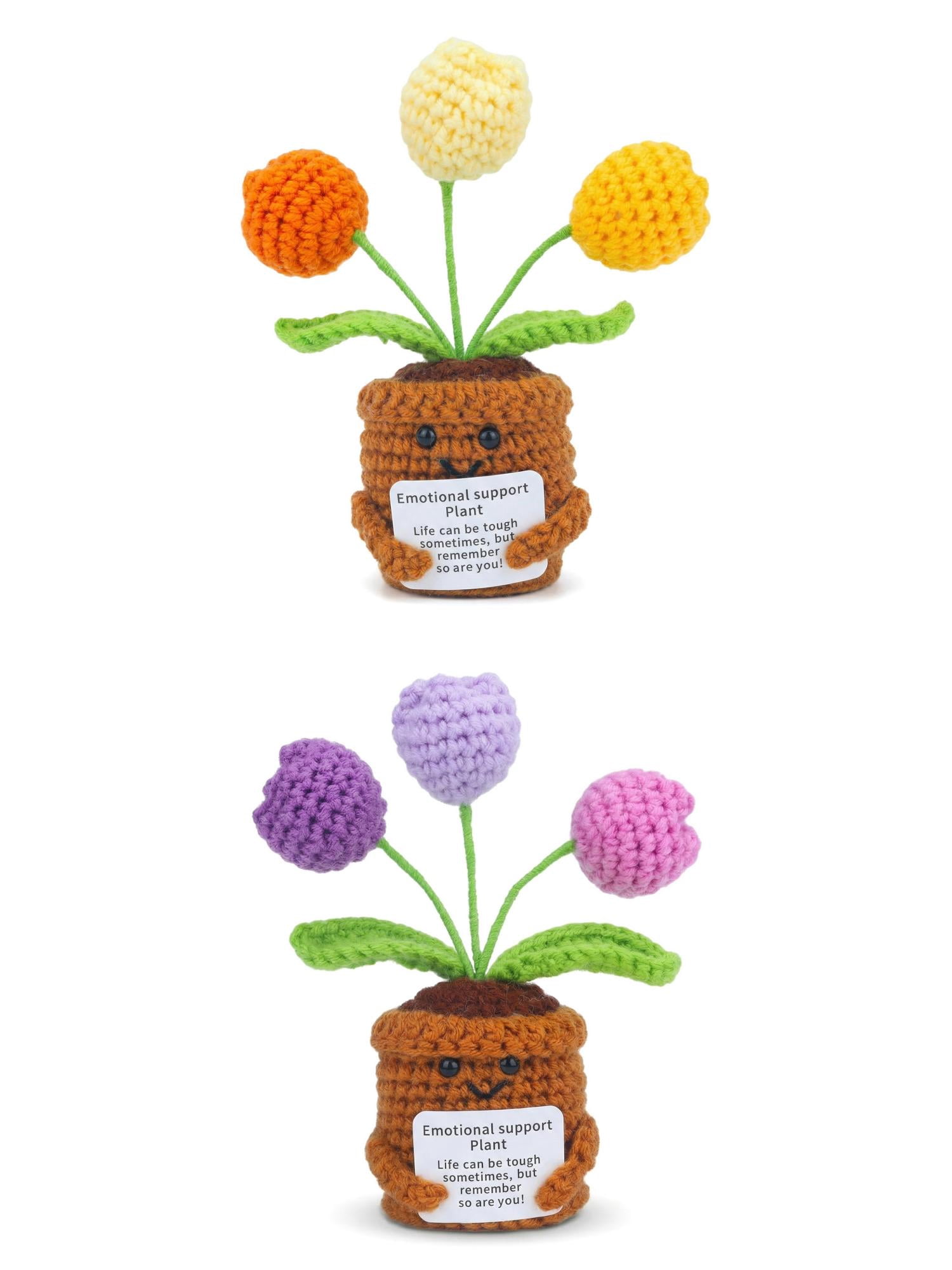 Unique Bargains 2Pcs Handmade Crochet Puffy Tulip Knitted Potted Plant Purple Yellow 4.3in