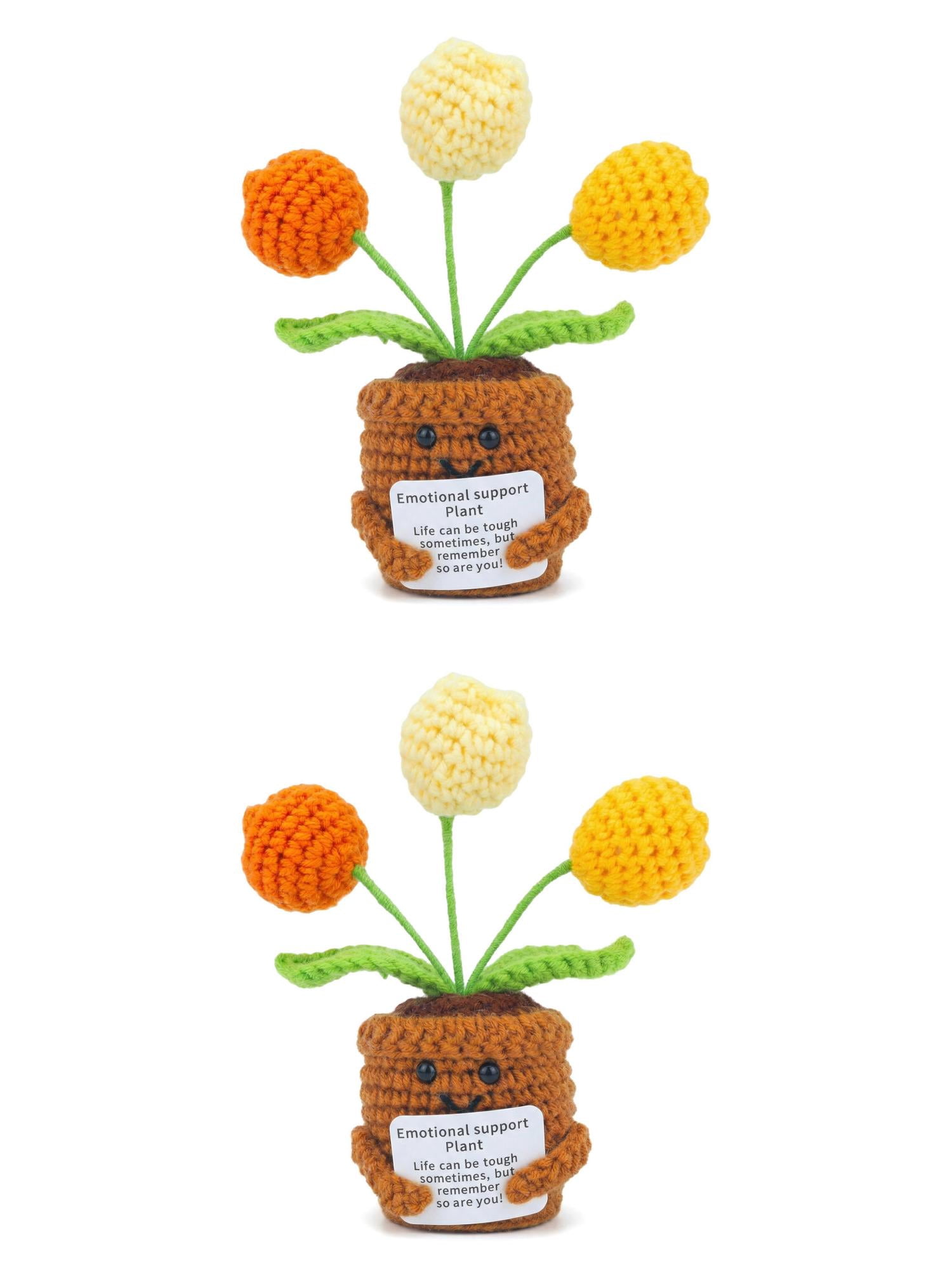 Unique Bargains 2Pcs Handmade Crochet Puffy Tulip Knitted Potted Plant Yellow 4.3in