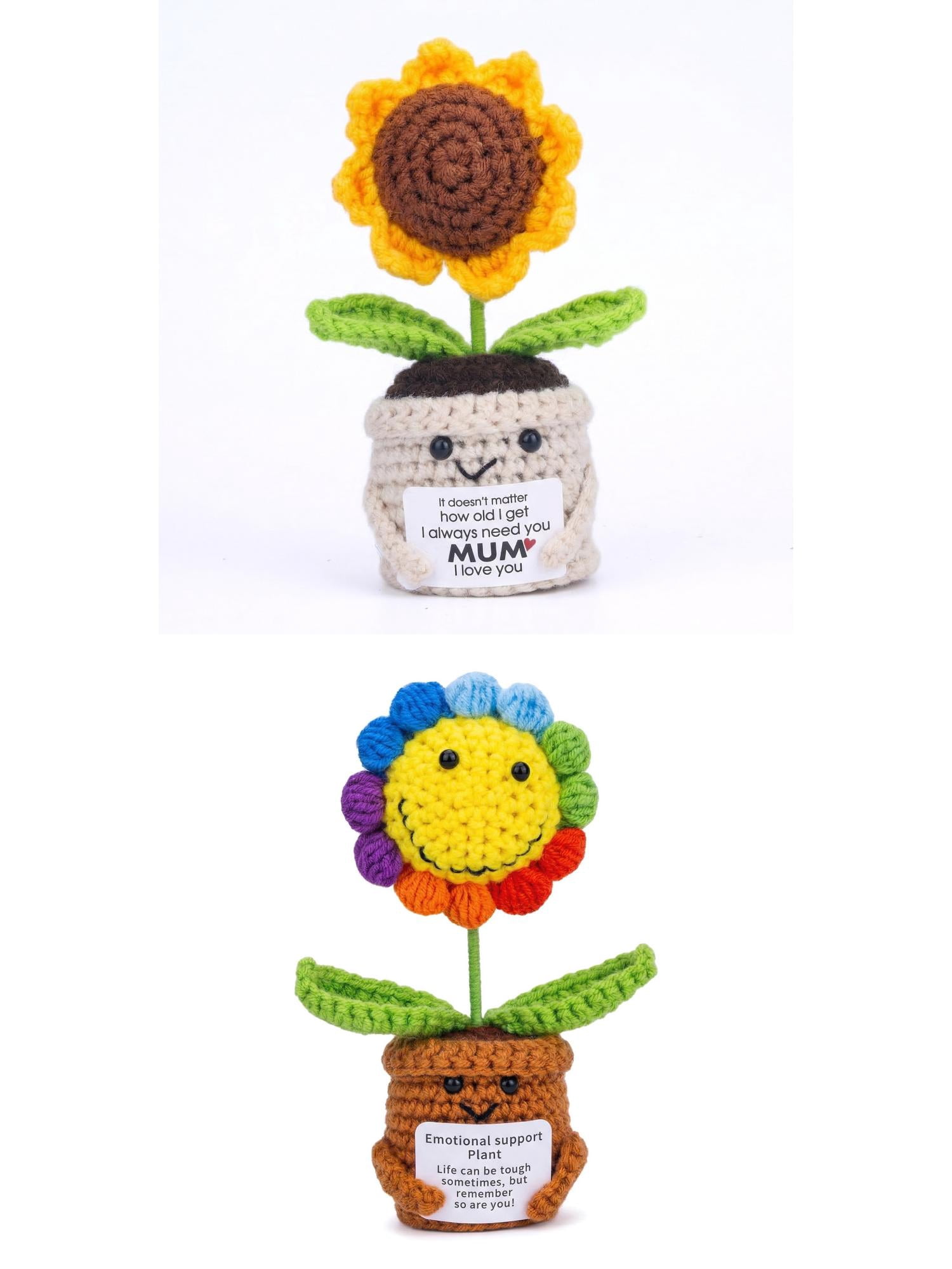Unique Bargains 2Pcs Handmade Crochet Sunflower Potted Plant Rainbow White Pot 4.3 in