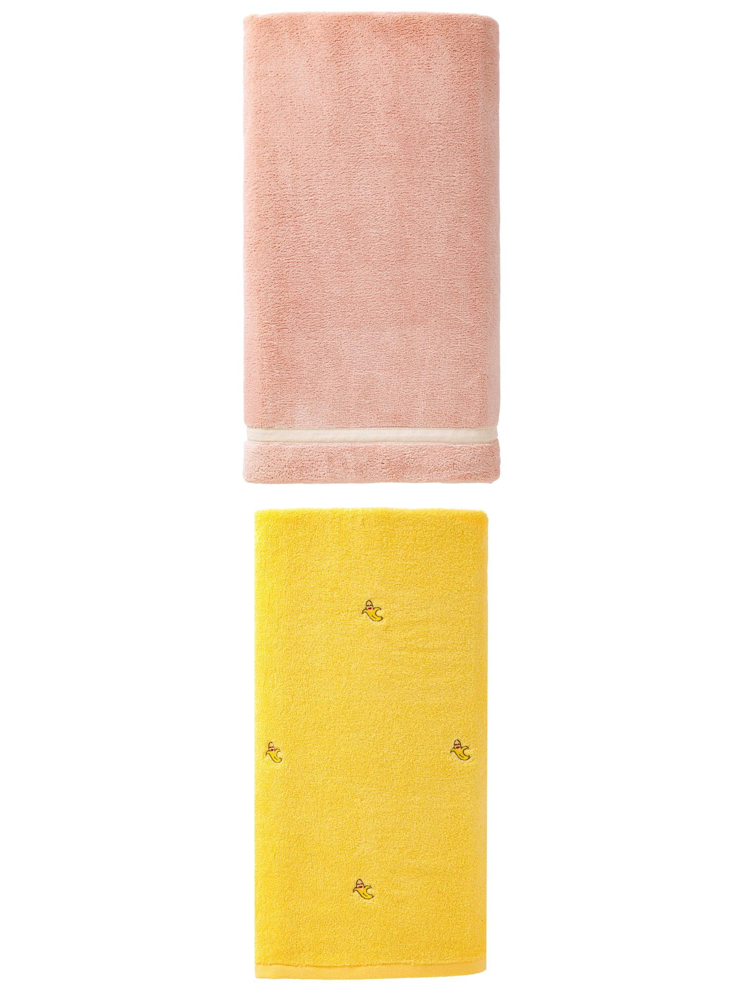 Unique Bargains 2Pcs Highly Absorbent Soft Bath Towel Pink/Banana Yellow 63"x31"/55"x28"