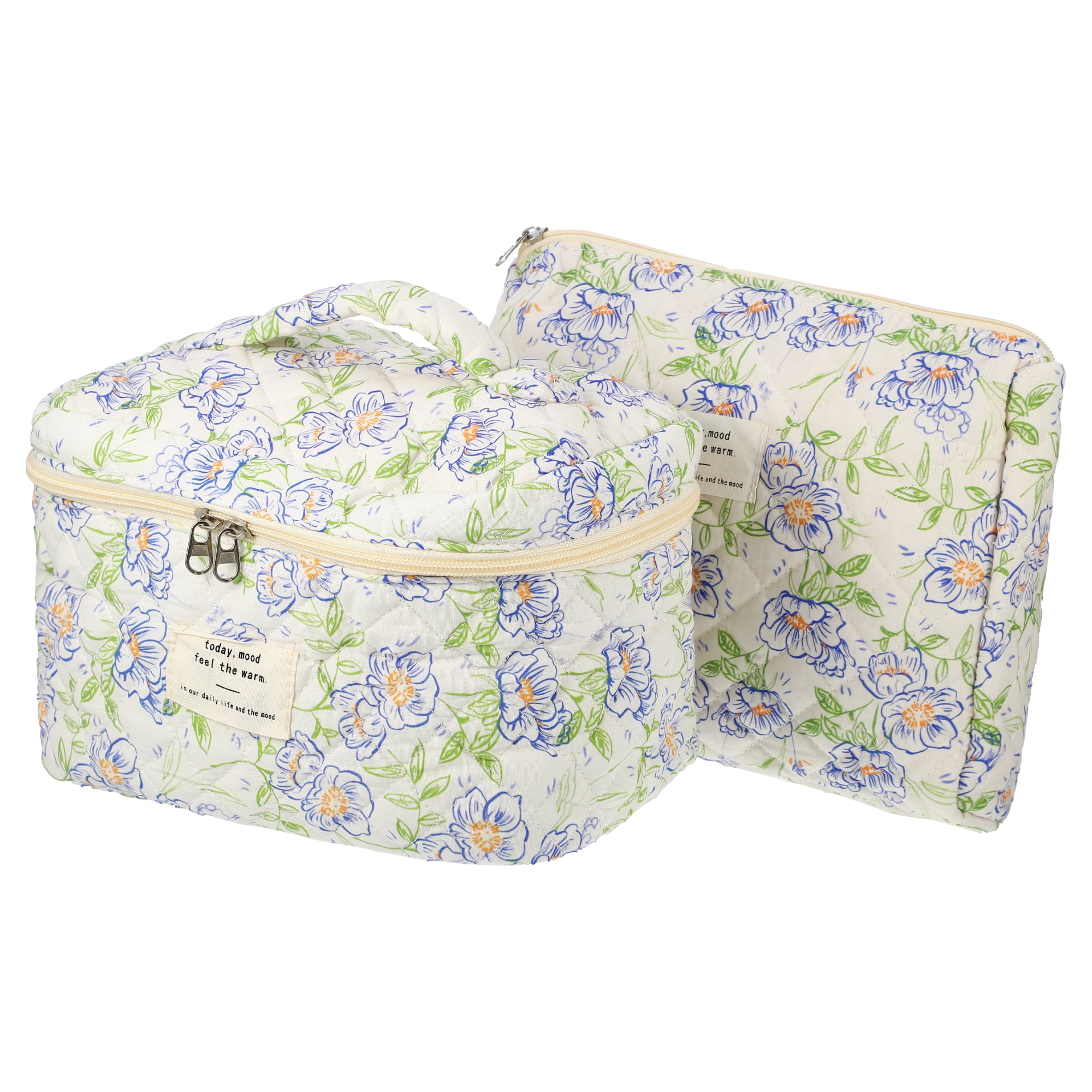 Unique Bargains 2Pcs Large Capacity Travel Cotton Quilted Toiletry Bag Beige, Blue
