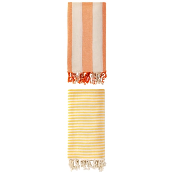 Unique Bargains 2Pcs Light Sand Free Quick Dry Turkish Beach Towel Yellow Orange 71" x 40"
