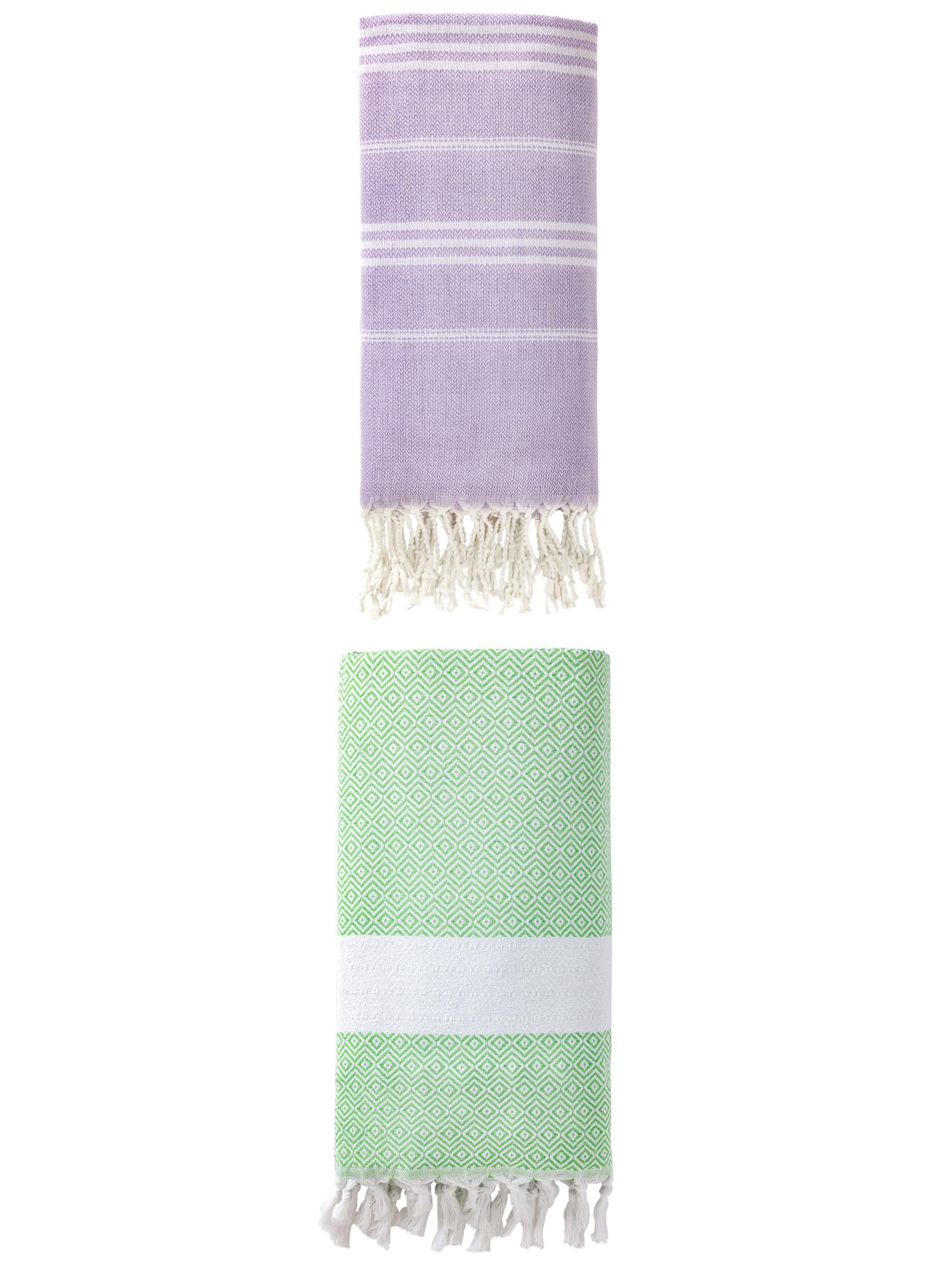 Unique Bargains 2Pcs Light Striped Quick Dry Beach Towel Purple Green 71" x 35"/71" x 40"