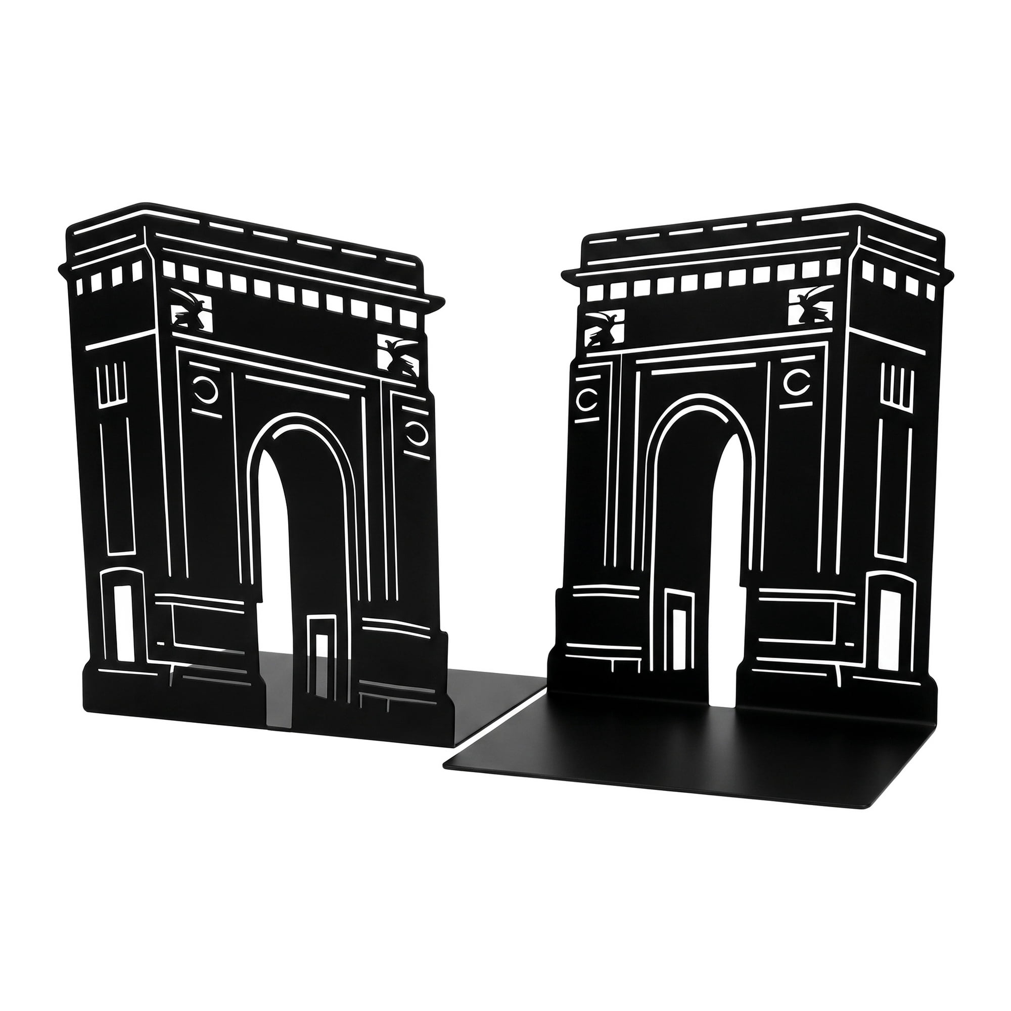 Unique Bargains 2Pcs Metal Hollow Design Book Ends Black Arc de Triomphe 7.9*4.3*6.7inch