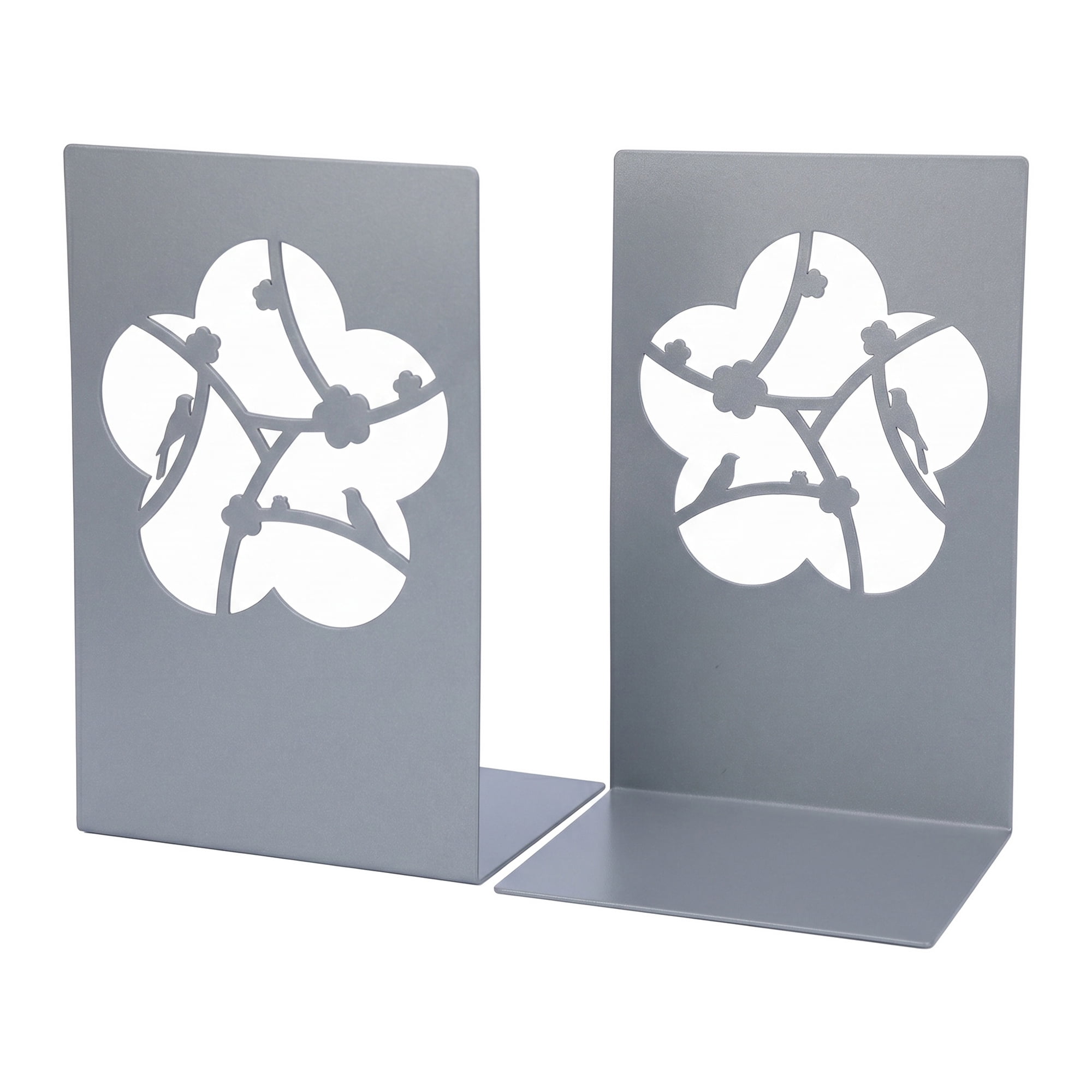 Unique Bargains 2Pcs Metal Laser Cut Tree Design Bookends Grey Flowers 7.9*4.3*6.7inch