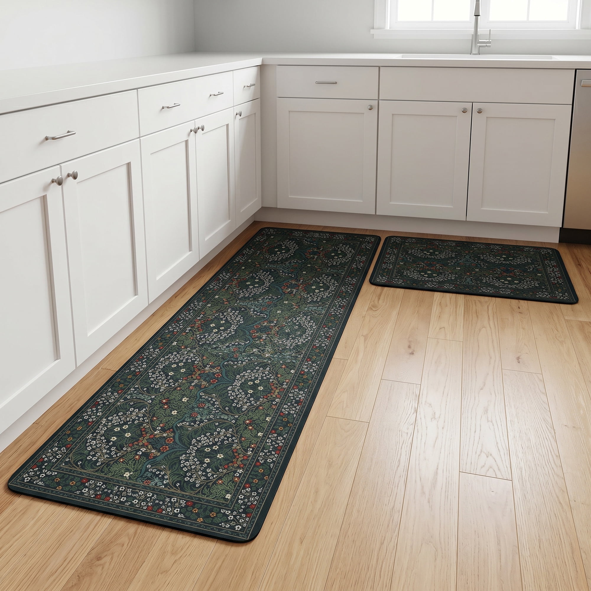 Unique Bargains 2Pcs Non-Slip Absorbent Runner Rug Set Dark Green 24" x 16" 47" x 16"