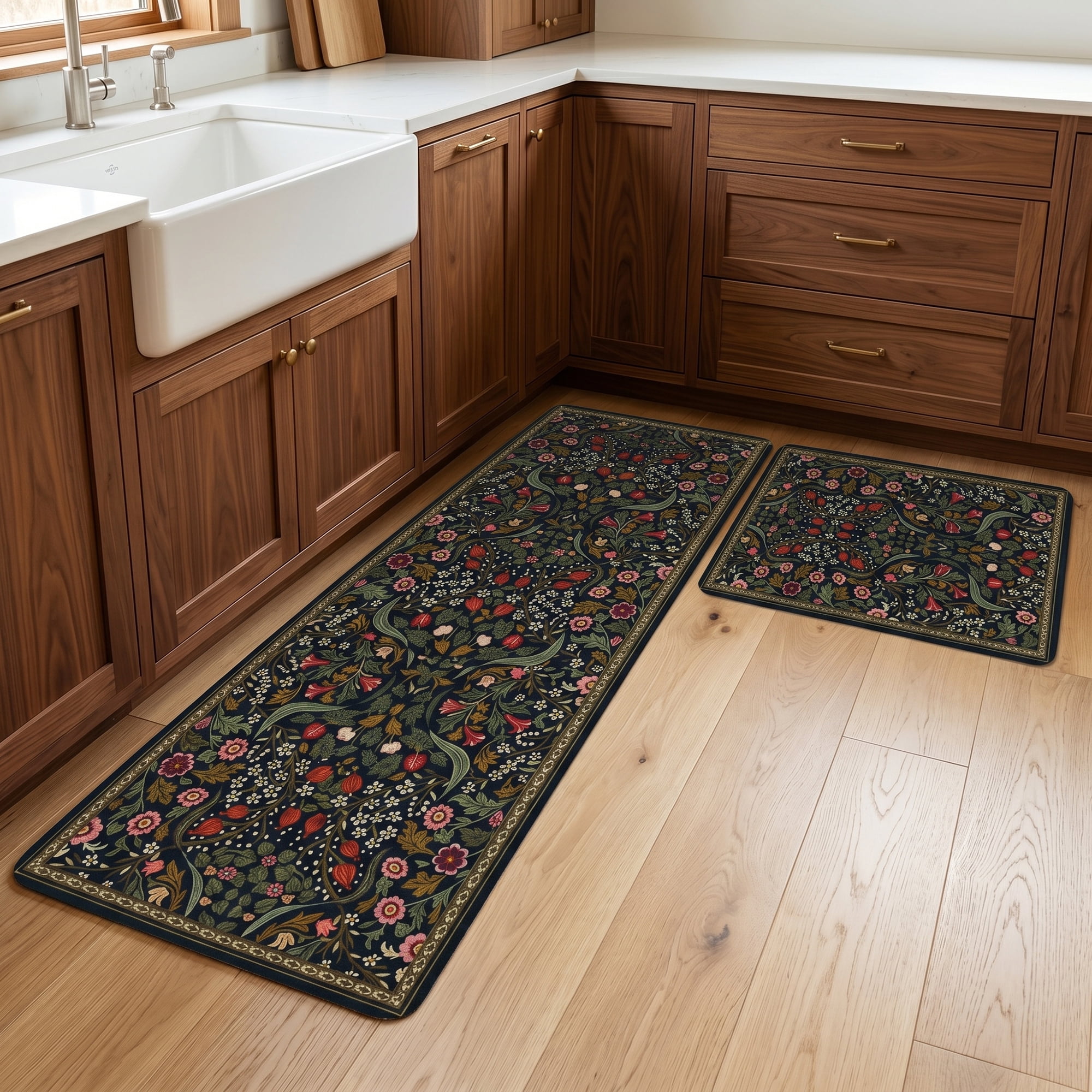 Unique Bargains 2Pcs Non-Slip Absorbent Runner Rug Set Green Flower 24" x 16" 47" x 16"