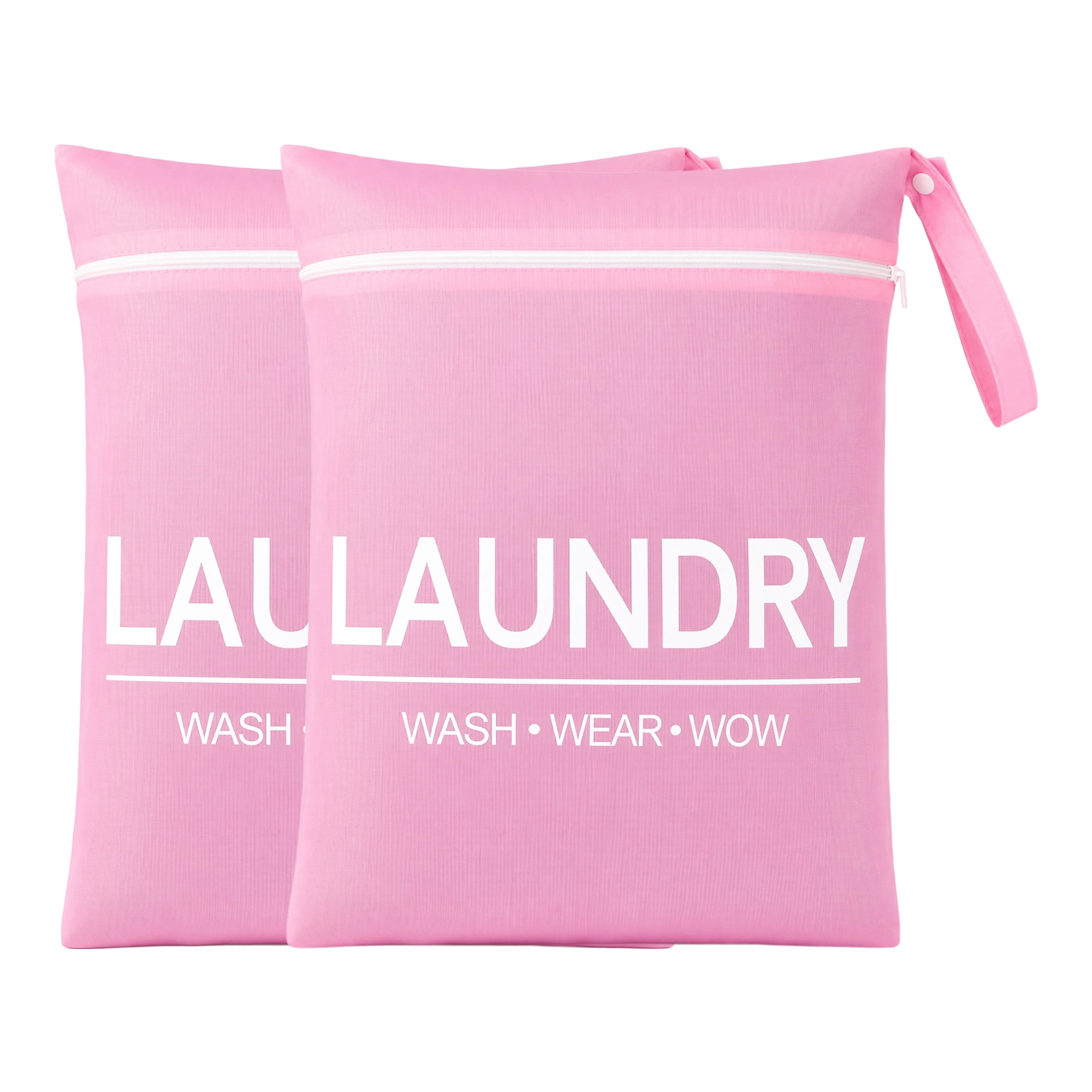 Unique Bargains 2Pcs Oxford Cloth Zipper Mesh Clothes Laundry Bag Pink-White 15"x18.9"