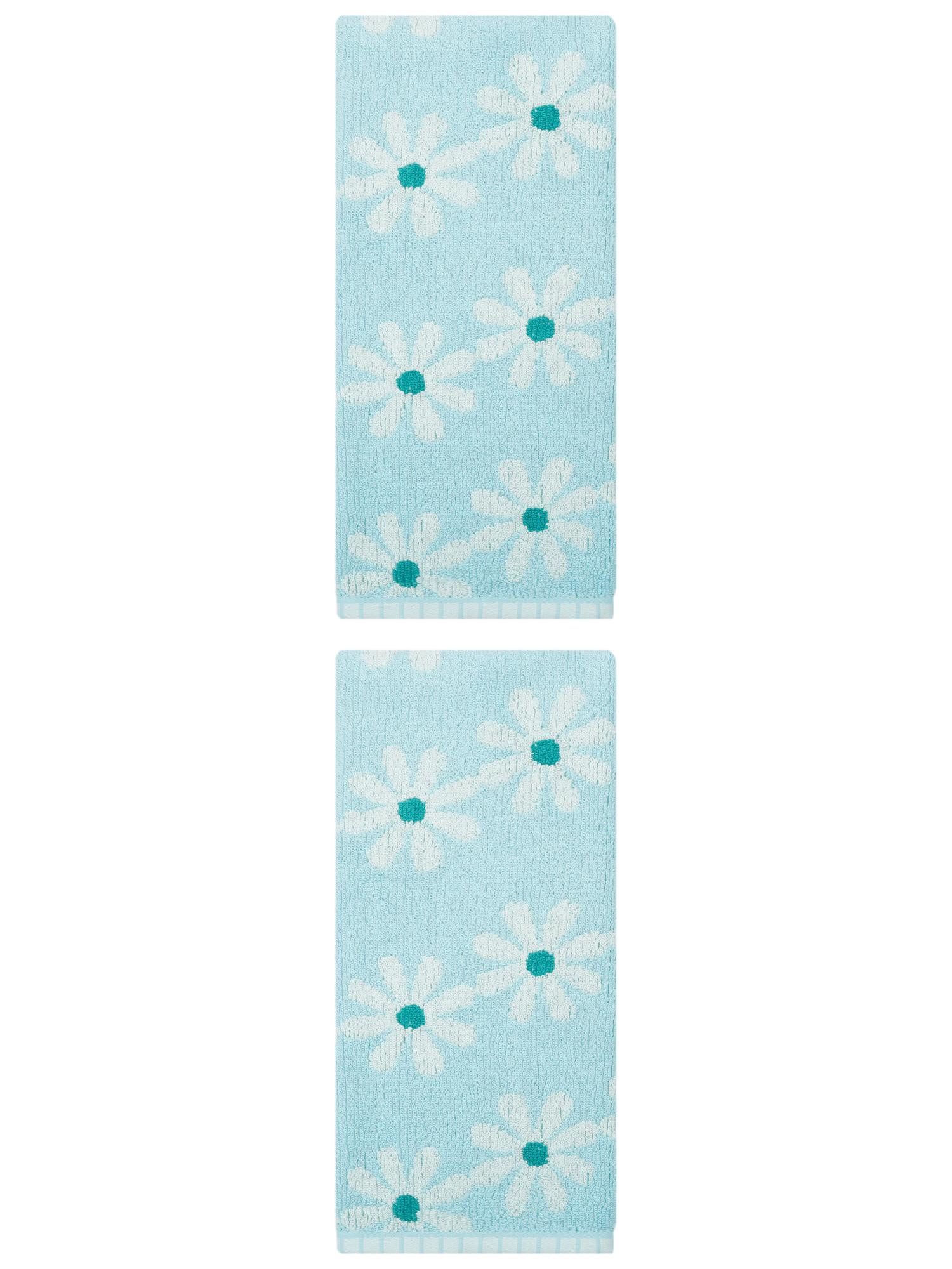 Unique Bargains 2Pcs Pure Cotton Daisy Pattern Ultra Soft Hand Towel Blue 29" x 13"