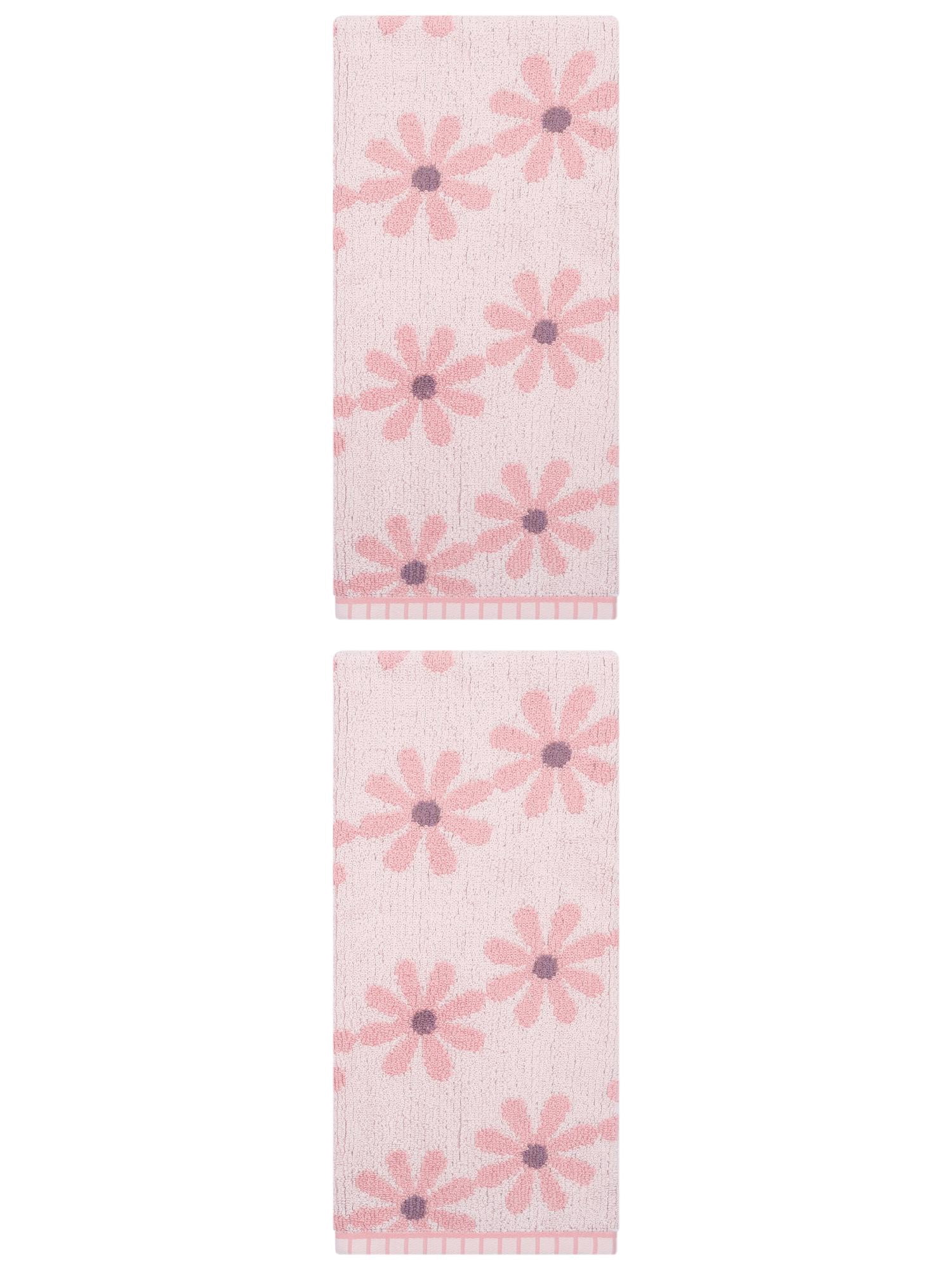 Unique Bargains 2Pcs Pure Cotton Daisy Pattern Ultra Soft Hand Towel Pink 29" x 13"