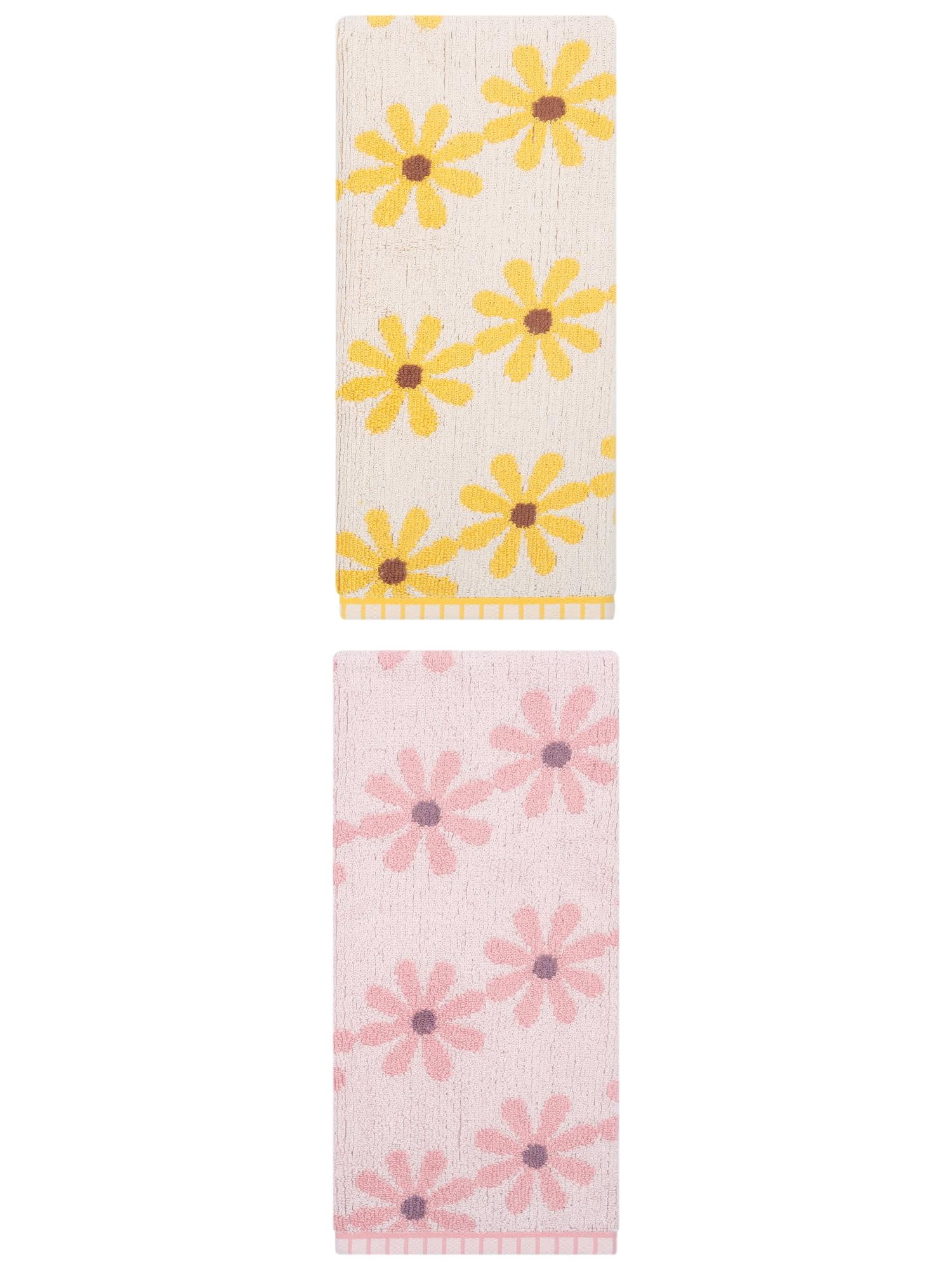 Unique Bargains 2Pcs Pure Cotton Daisy Pattern Ultra Soft Hand Towel Pink/Yellow 29" x 13"