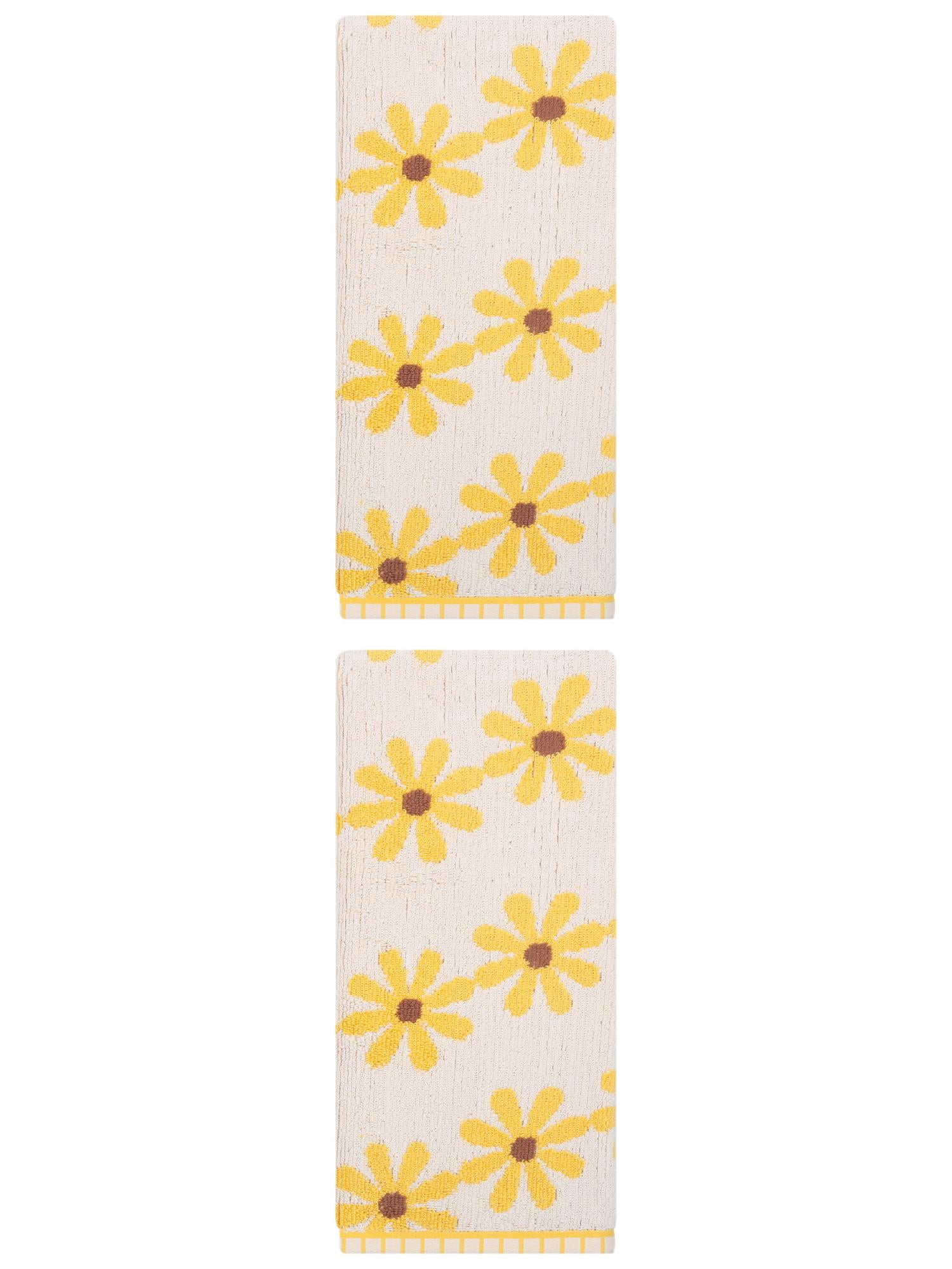 Unique Bargains 2Pcs Pure Cotton Daisy Pattern Ultra Soft Hand Towel Yellow 29" x 13"