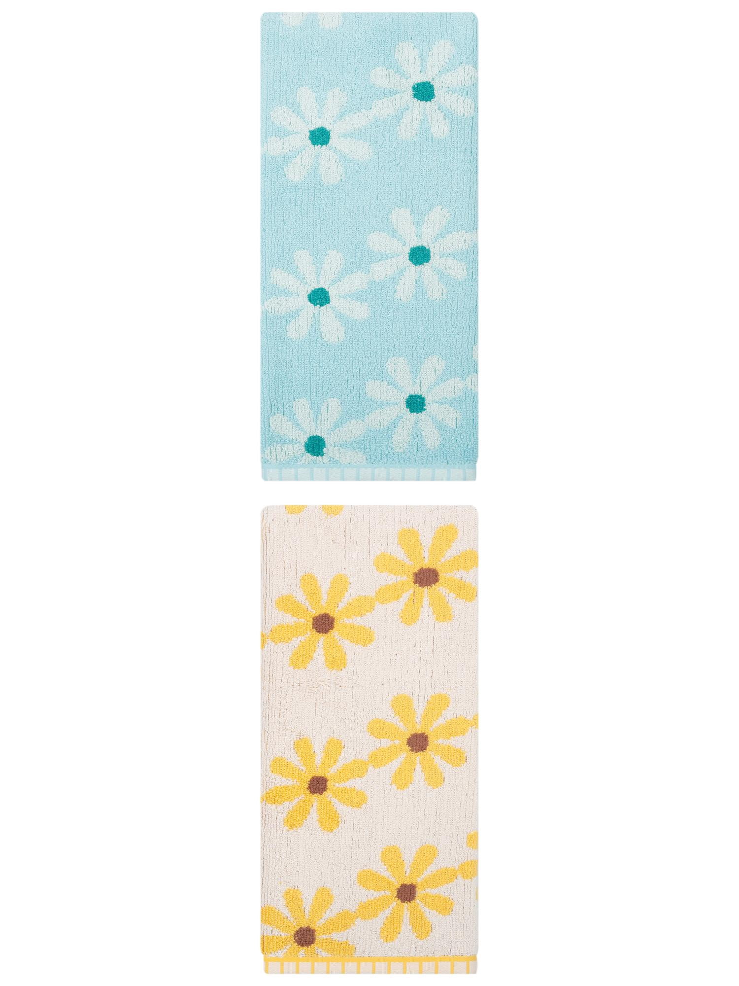Unique Bargains 2Pcs Pure Cotton Daisy Pattern Ultra Soft Hand Towel Yellow/Blue 29" x 13"