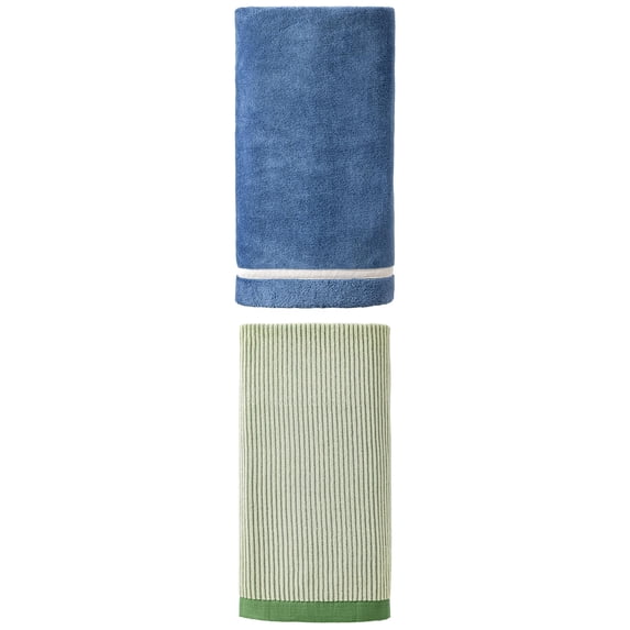 Unique Bargains 2Pcs Quick Dry Coral Fleece Bath Towel Dark Blue/Green 63"x31"/55"x28"