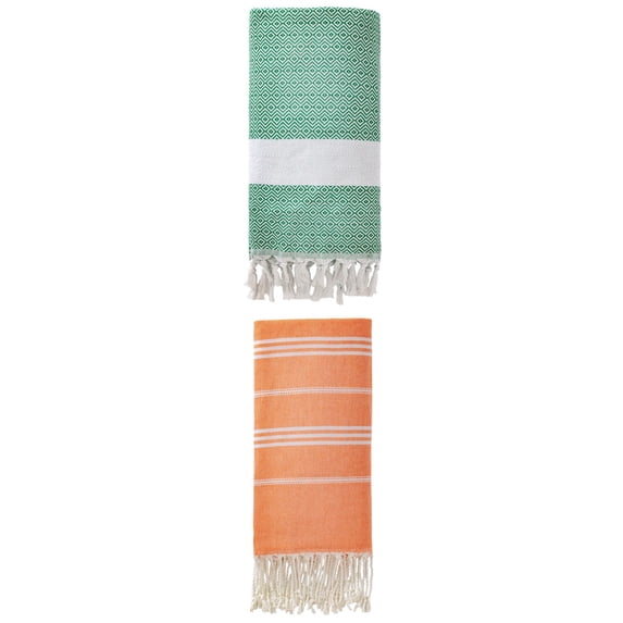 Unique Bargains 2Pcs Quick Dry Sand Free Towel Orange/Dark Green 71" x 35"/71" x 40"