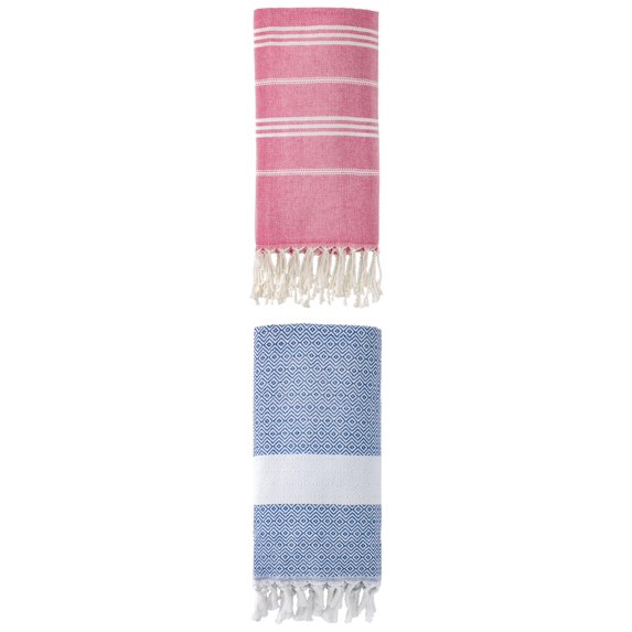 Unique Bargains 2Pcs Quick Drying Striped Towel Rose Red/Blue 71" x 35"/71" x 40"