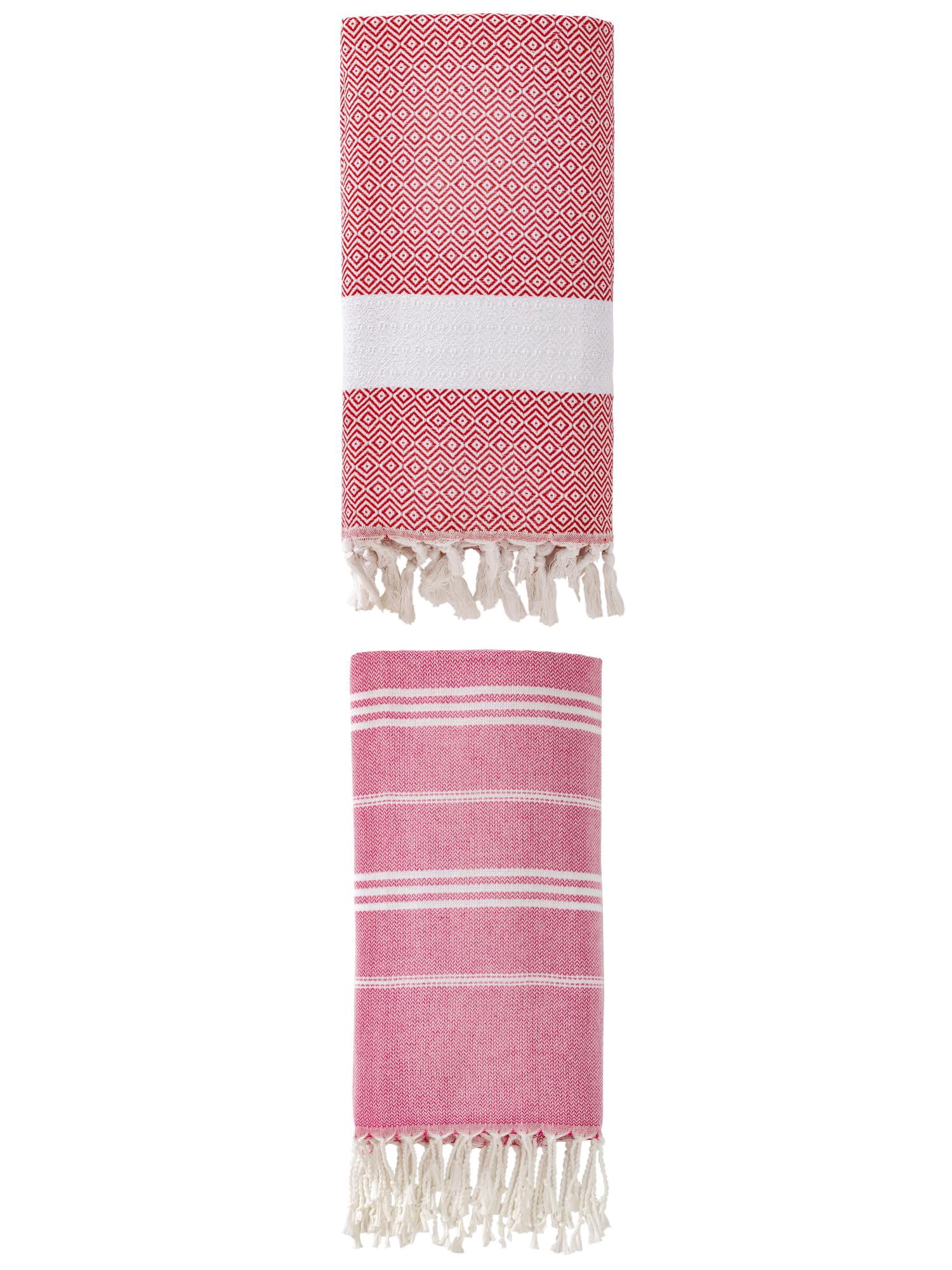 Unique Bargains 2Pcs Quick Drying Striped Towel Rose Red/Crimson 71" x 35"/71" x 40"