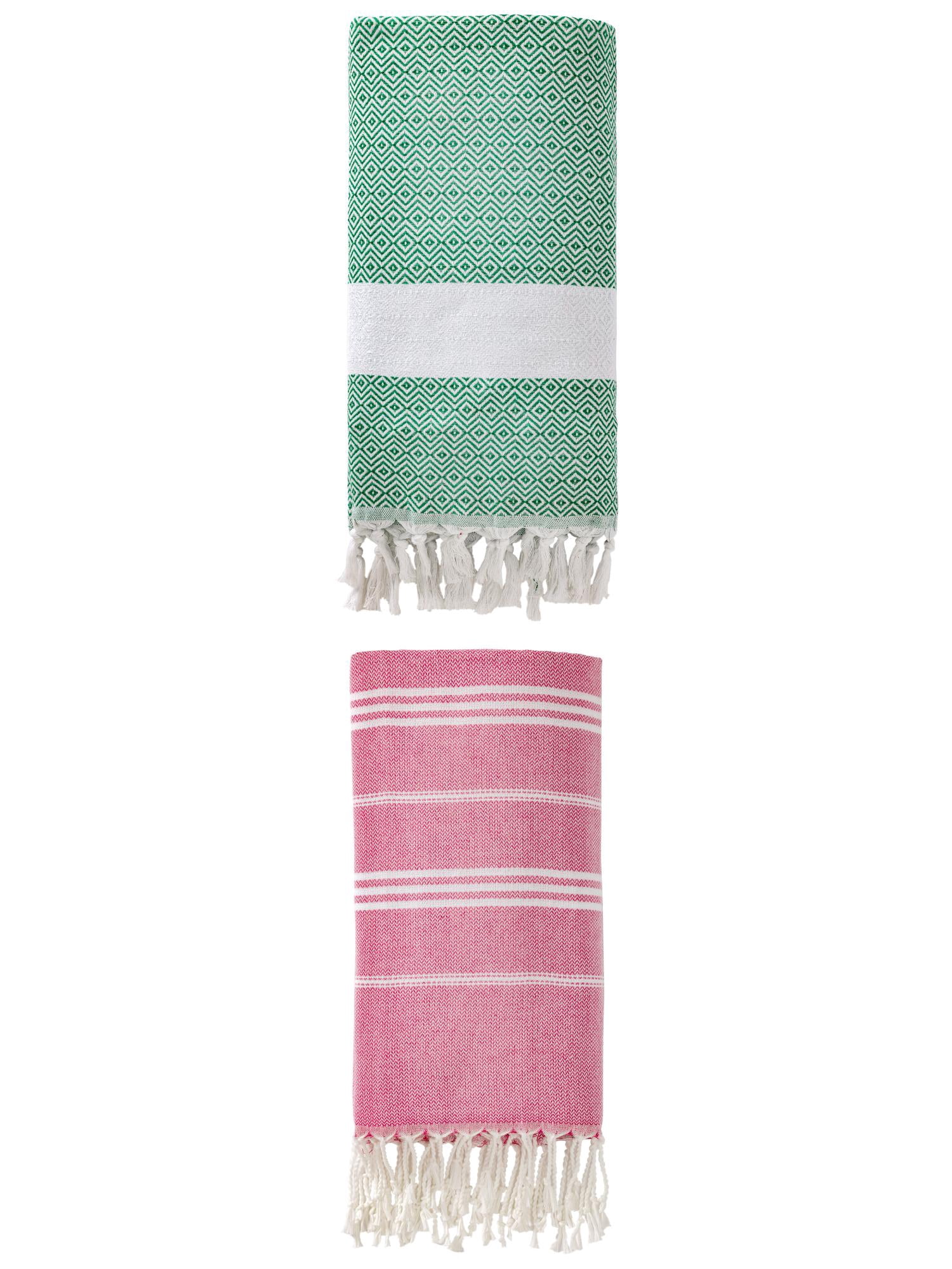 Unique Bargains 2Pcs Quick Drying Striped Towel Rose Red/Dark Green 71" x 35"/71" x 40"