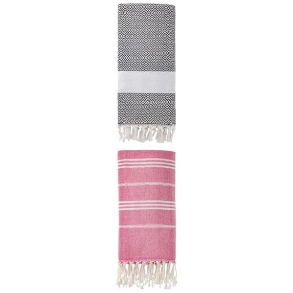 Unique Bargains 2Pcs Quick Drying Striped Towel Rose Red/Dark Grey 71" x 35"/71" x 40"