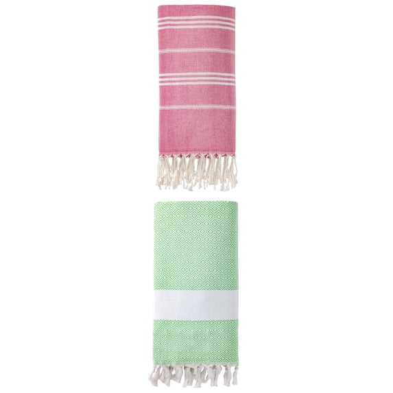 Unique Bargains 2Pcs Quick Drying Striped Towel Rose Red Green 71" x 35"/71" x 40"