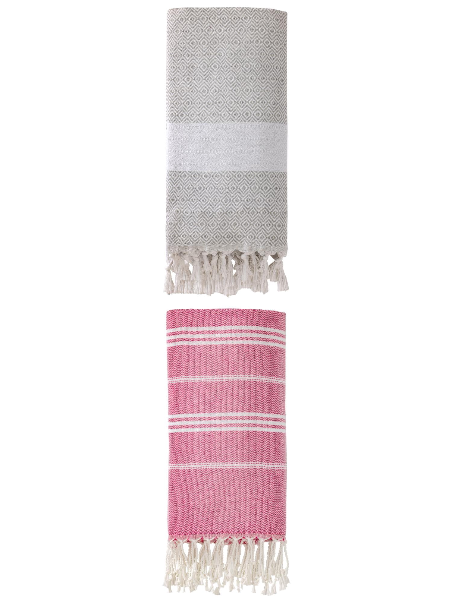 Unique Bargains 2Pcs Quick Drying Striped Towel Rose Red/Grey 71" x 35"/71" x 40"