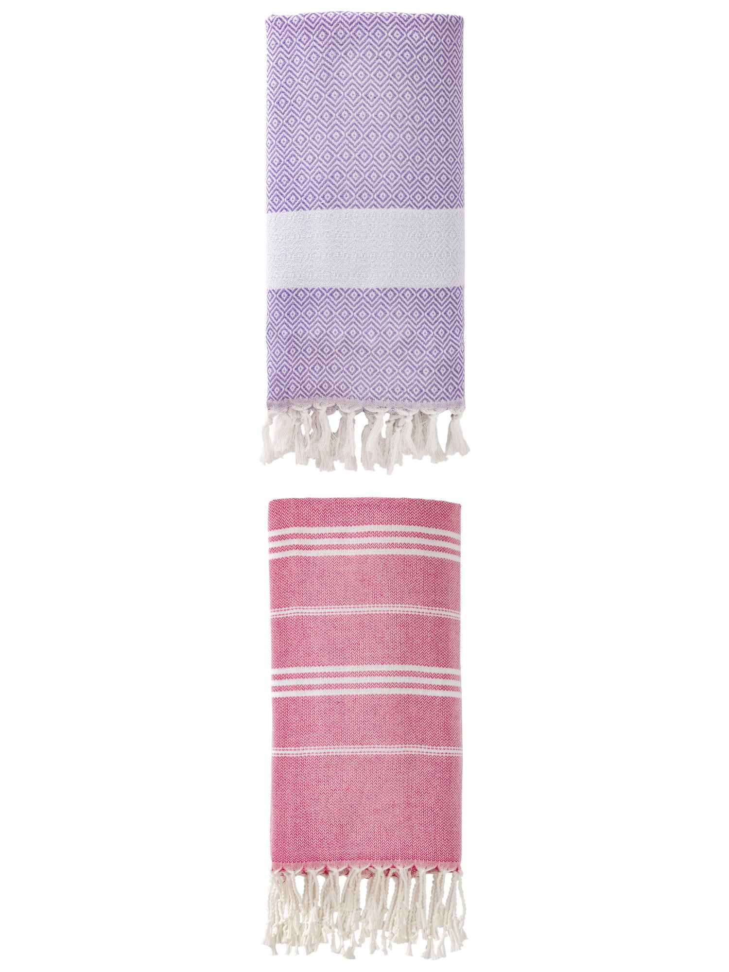 Unique Bargains 2Pcs Quick Drying Striped Towel Rose Red/Light Purple 71" x 35"/71" x 40"