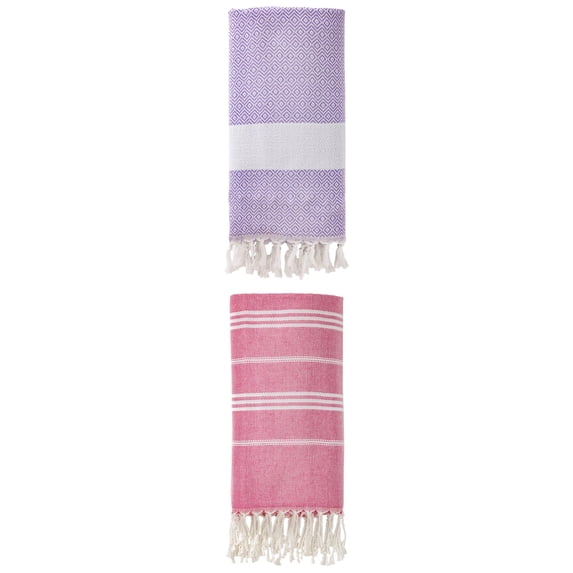 Unique Bargains 2Pcs Quick Drying Striped Towel Rose Red/Light Purple 71" x 35"/71" x 40"