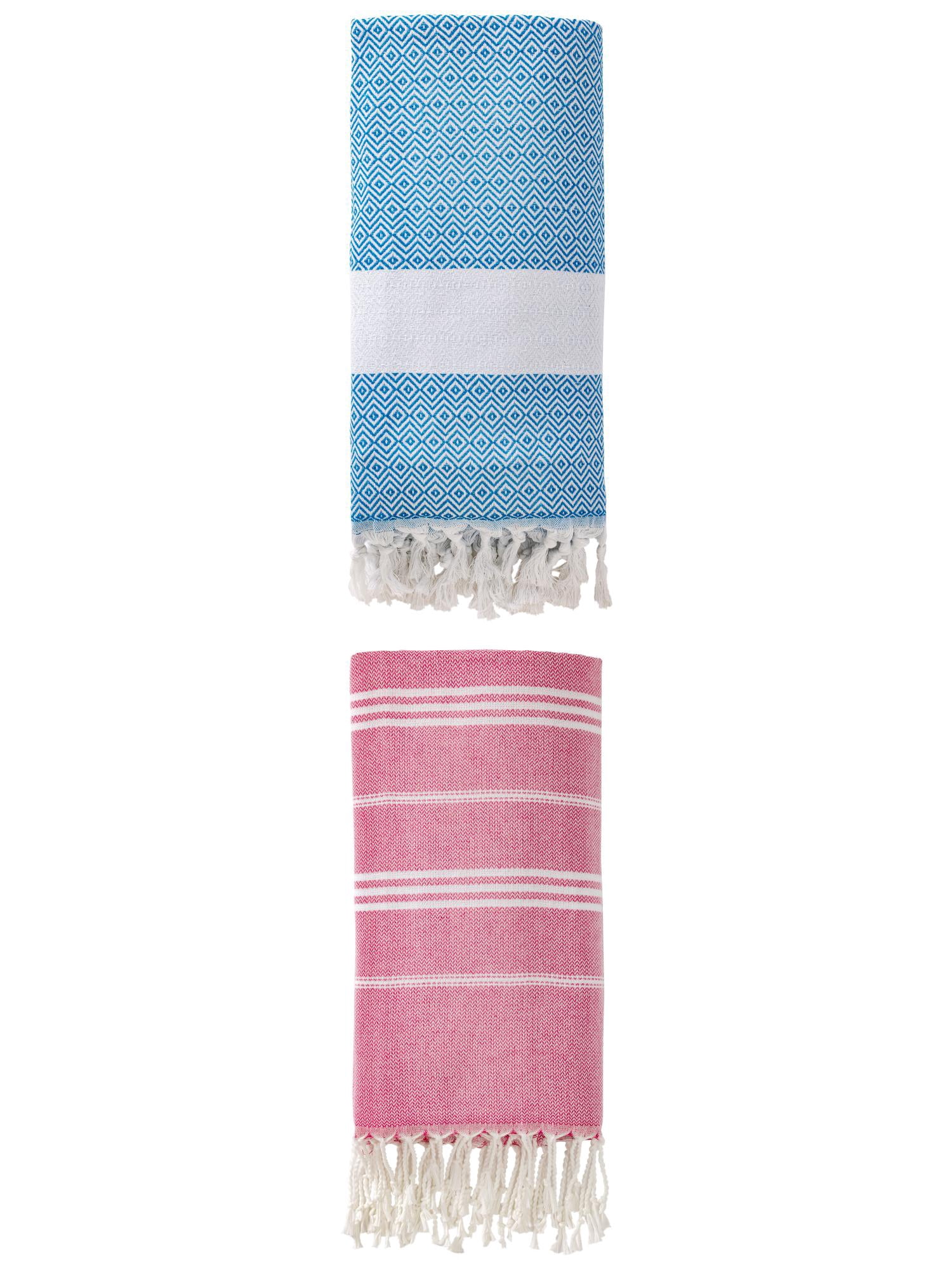 Unique Bargains 2Pcs Quick Drying Striped Towel Rose Red/Sky Blue 71" x 35"/71" x 40"