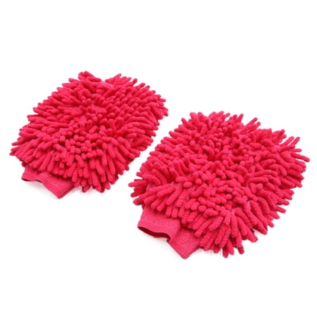 Unique Bargains 2Pcs Rose Red Dual Sided Microfiber Chenille Mitt Car Washing Cleaning Glove