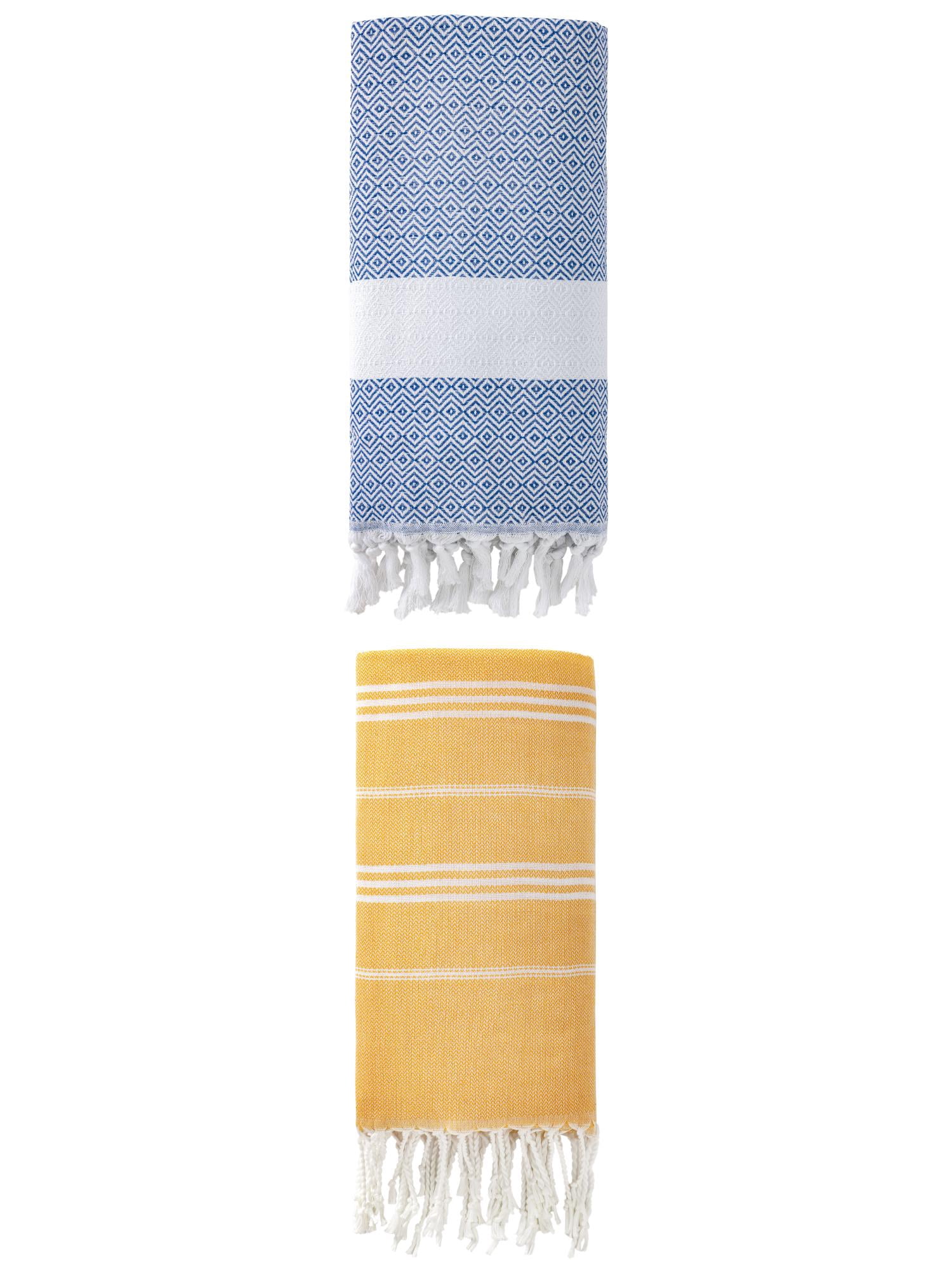 Unique Bargains 2Pcs Sand Free Striped Beach Towel Yellow Blue 71" x 35"/71" x 40"