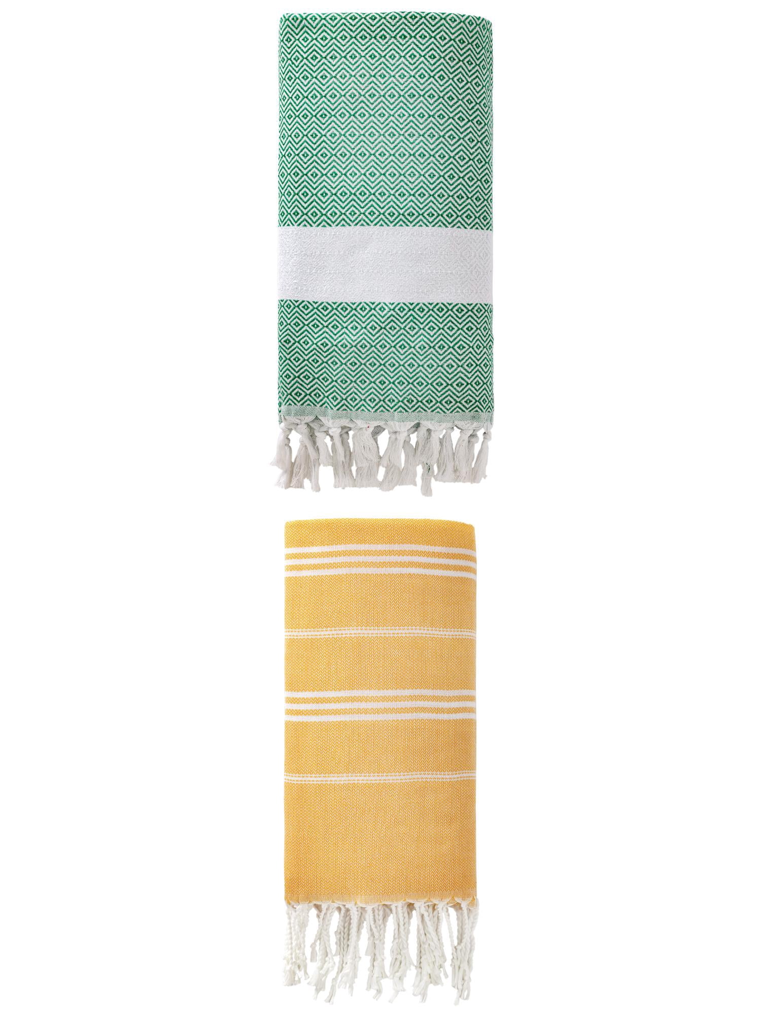 Unique Bargains 2Pcs Sand Free Striped Beach Towel Yellow/Dark Green 71" x 35"/71" x 40"