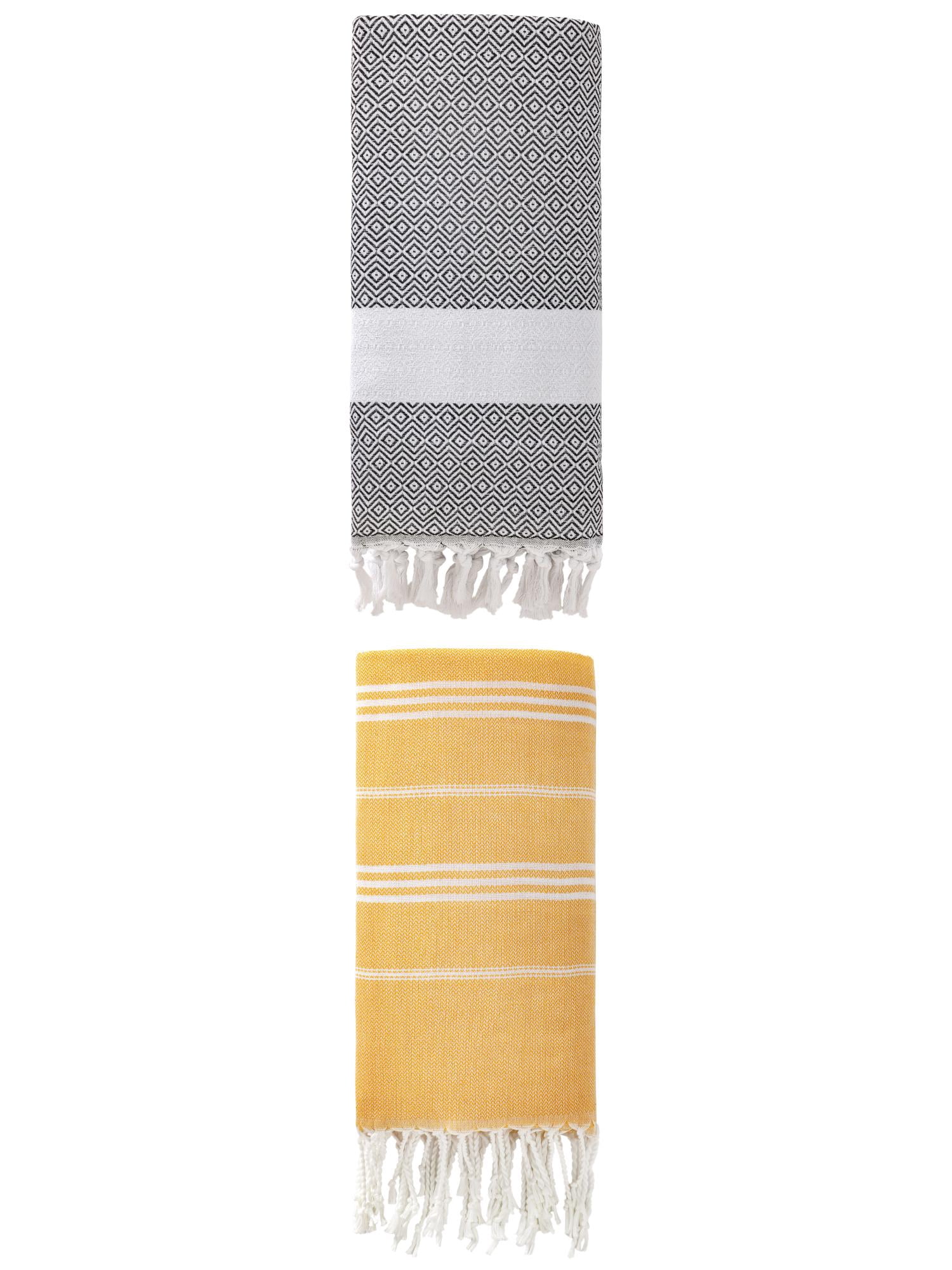 Unique Bargains 2Pcs Sand Free Striped Beach Towel Yellow/Dark Grey 71" x 35"/71" x 40"