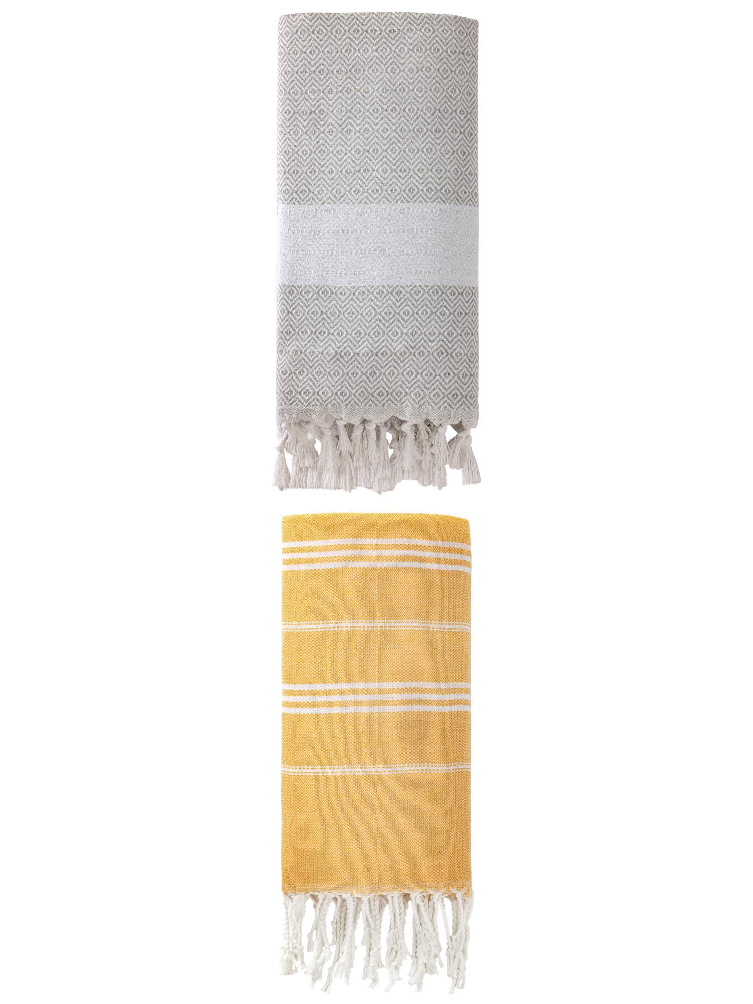 Unique Bargains 2Pcs Sand Free Striped Beach Towel Yellow Grey 71" x 35"/71" x 40"