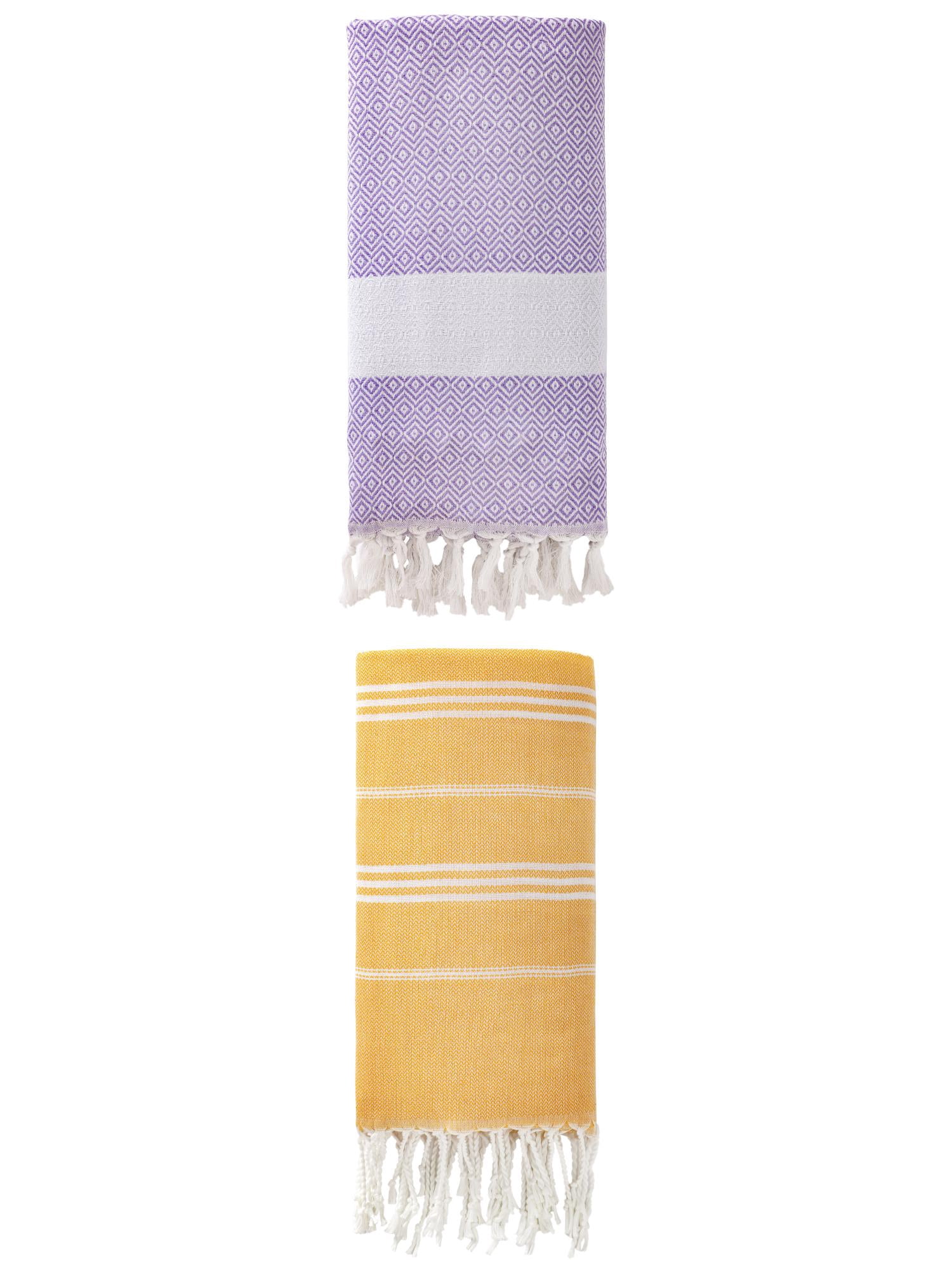 Unique Bargains 2Pcs Sand Free Striped Beach Towel Yellow/Light Purple 71" x 35"/71" x 40"