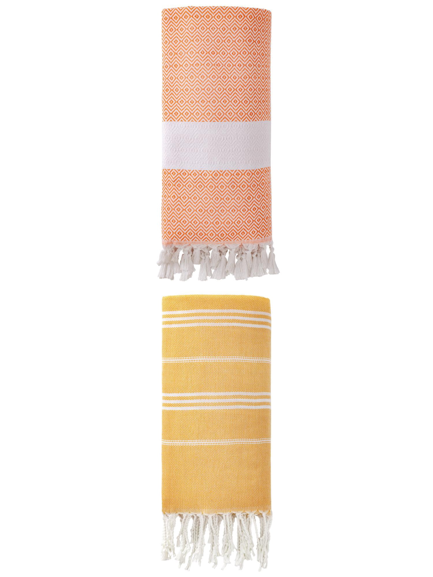 Unique Bargains 2Pcs Sand Free Striped Beach Towel Yellow Orange 71" x 35"/71" x 40"