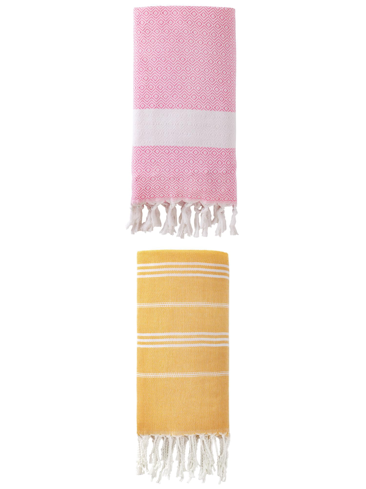 Unique Bargains 2Pcs Sand Free Striped Beach Towel Yellow Pink 71" x 35"/71" x 40"