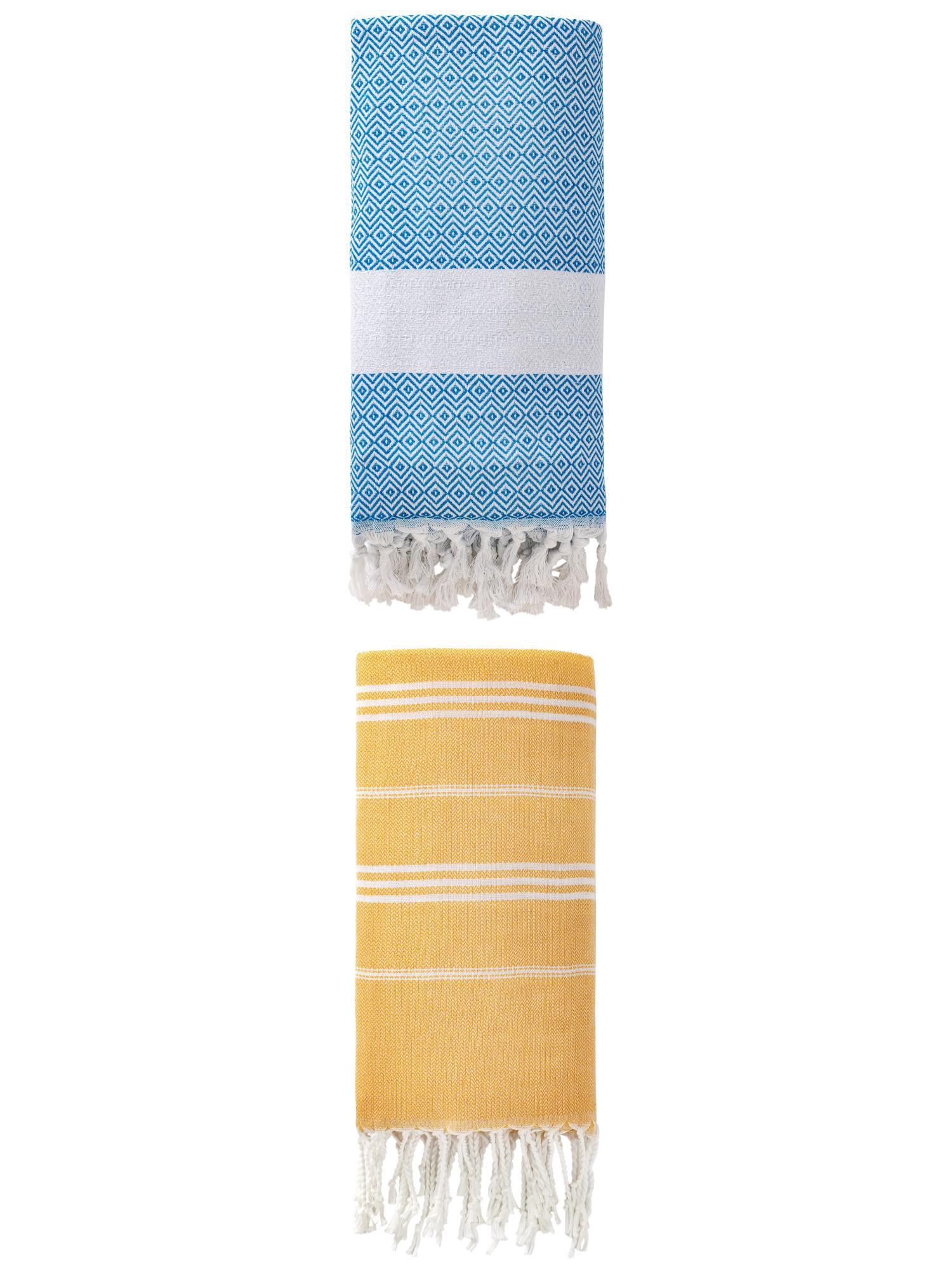 Unique Bargains 2Pcs Sand Free Striped Beach Towel Yellow/Sky Blue 71" x 35"/71" x 40"
