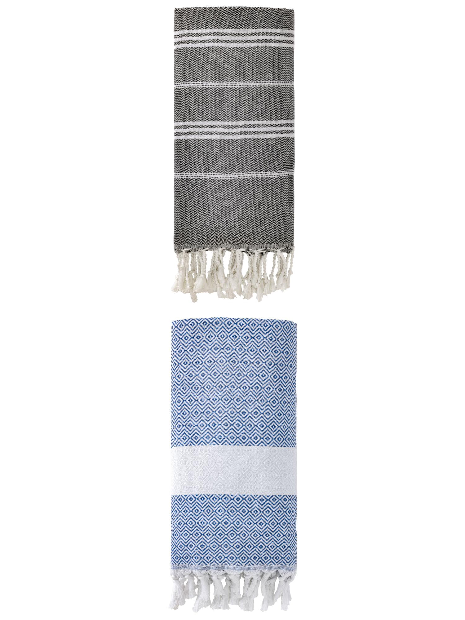 Unique Bargains 2Pcs Sand Repellent Beach Towel Striped Black/Blue 71" x 35"/71" x 40"