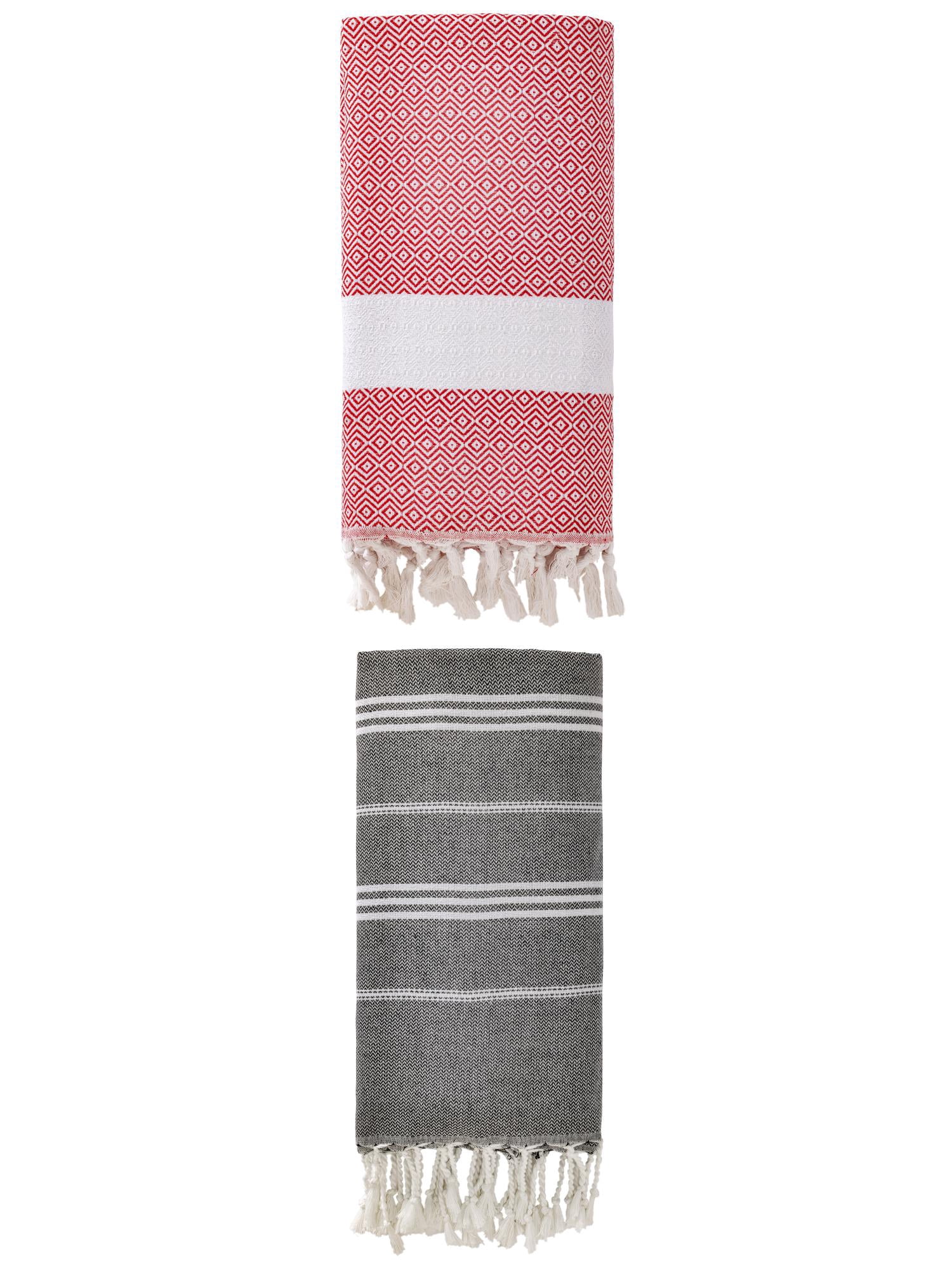 Unique Bargains 2Pcs Sand Repellent Beach Towel Striped Black/Crimson 71" x 35"/71" x 40"