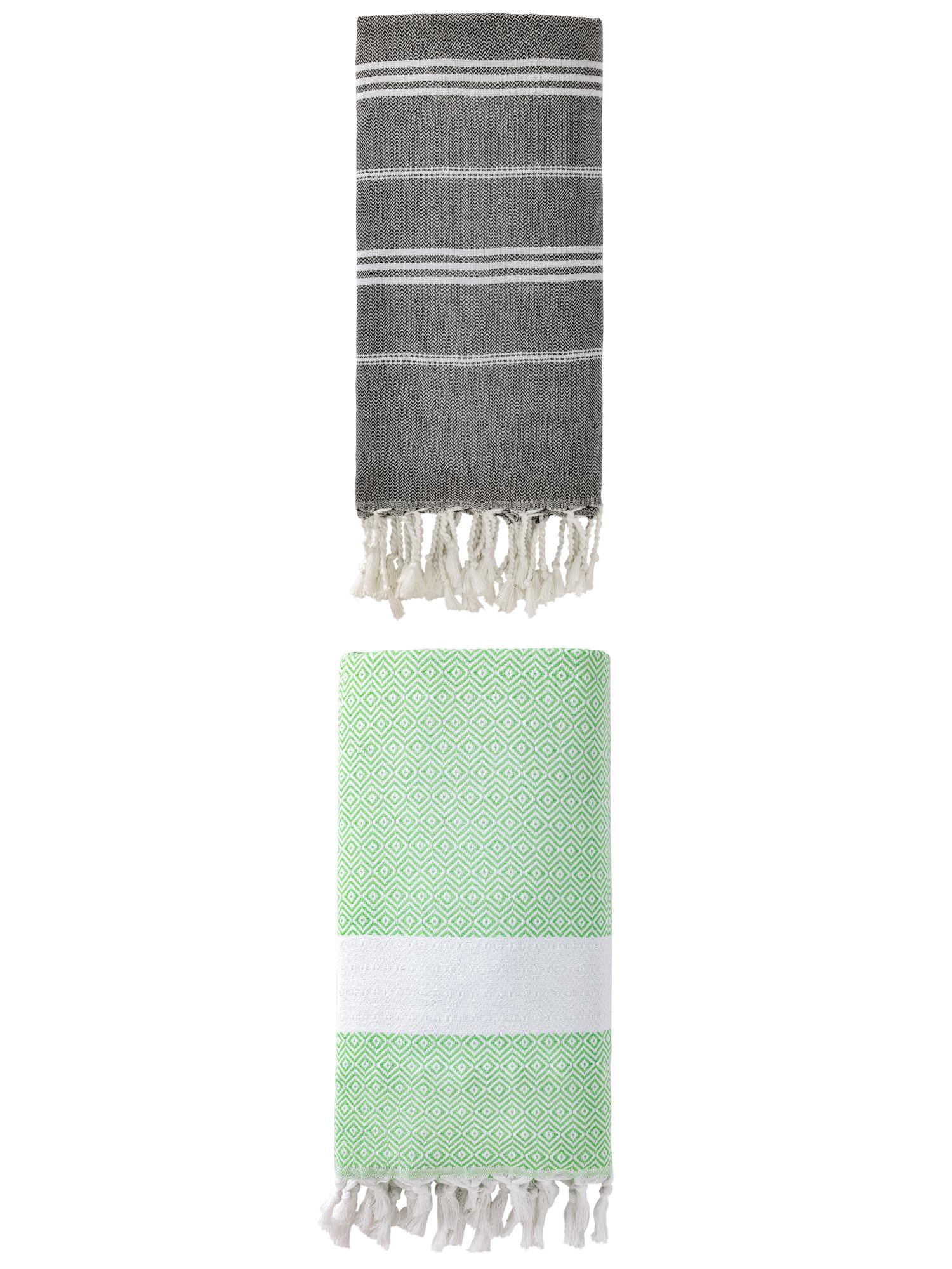 Unique Bargains 2Pcs Sand Repellent Beach Towel Striped Black Green 71" x 35"/71" x 40"