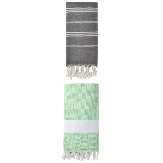 Unique Bargains 2Pcs Sand Repellent Beach Towel Striped Black Green 71" x 35"/71" x 40"