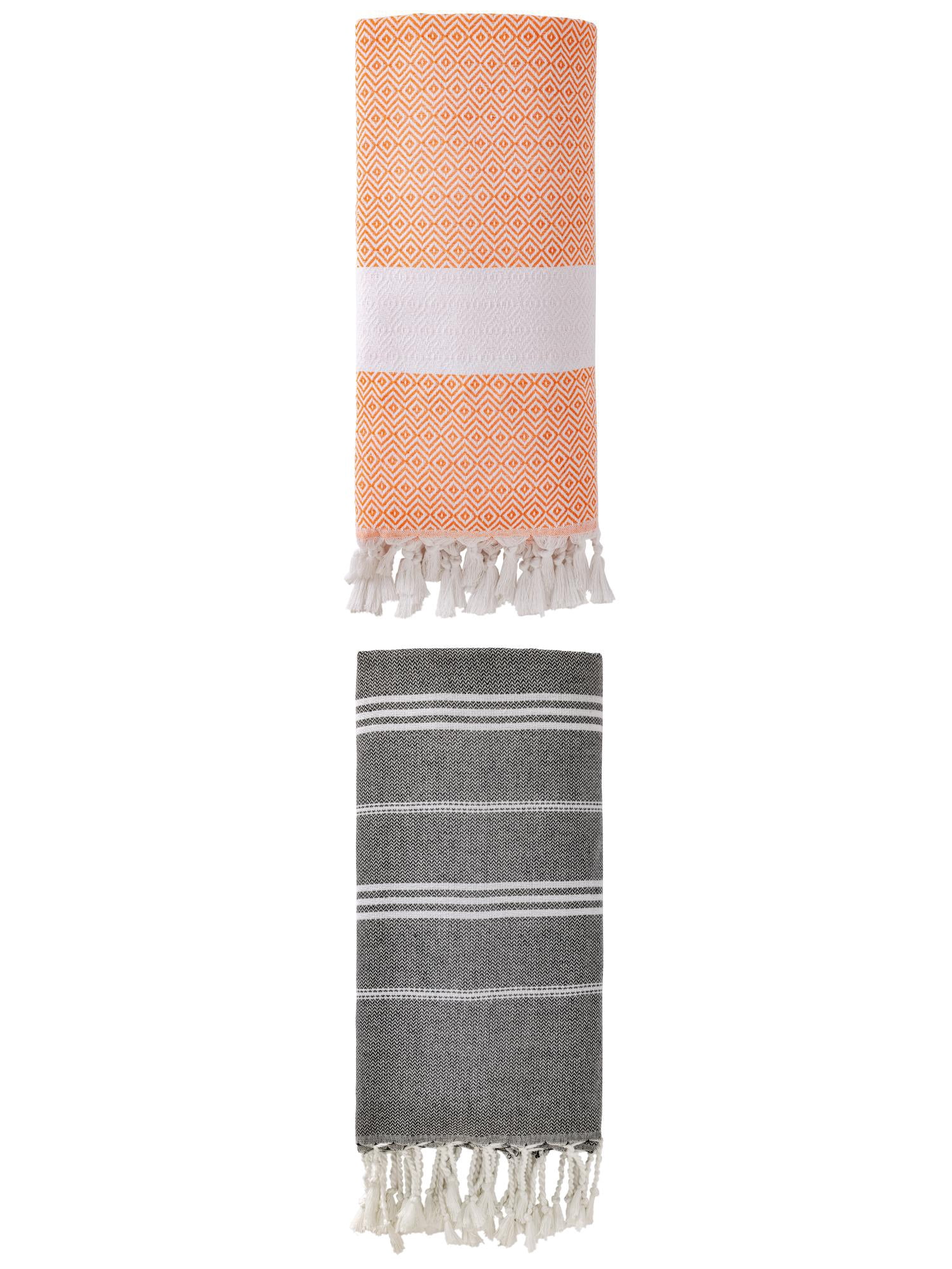 Unique Bargains 2Pcs Sand Repellent Beach Towel Striped Black/Orange 71" x 35"/71" x 40"