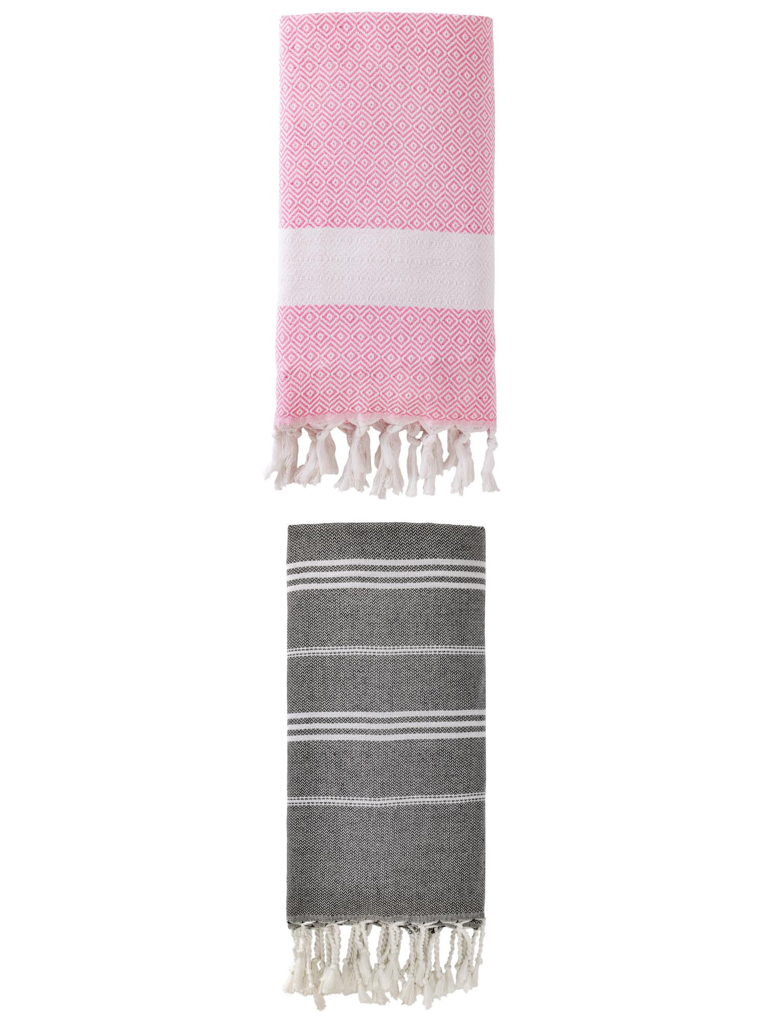Unique Bargains 2Pcs Sand Repellent Beach Towel Striped Black/Pink 71" x 35"/71" x 40"
