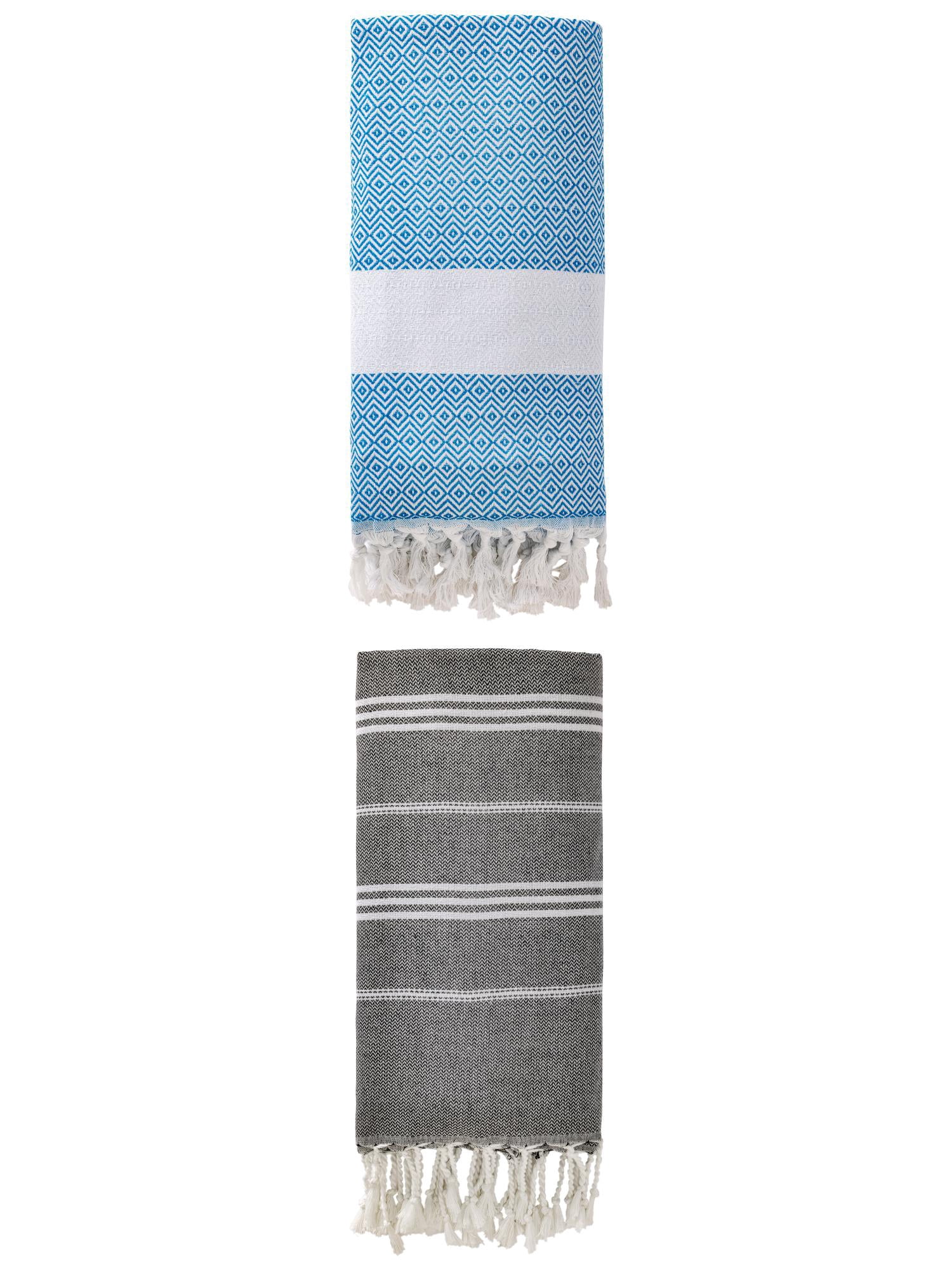 Unique Bargains 2Pcs Sand Repellent Beach Towel Striped Black/Sky Blue 71" x 35"/71" x 40"